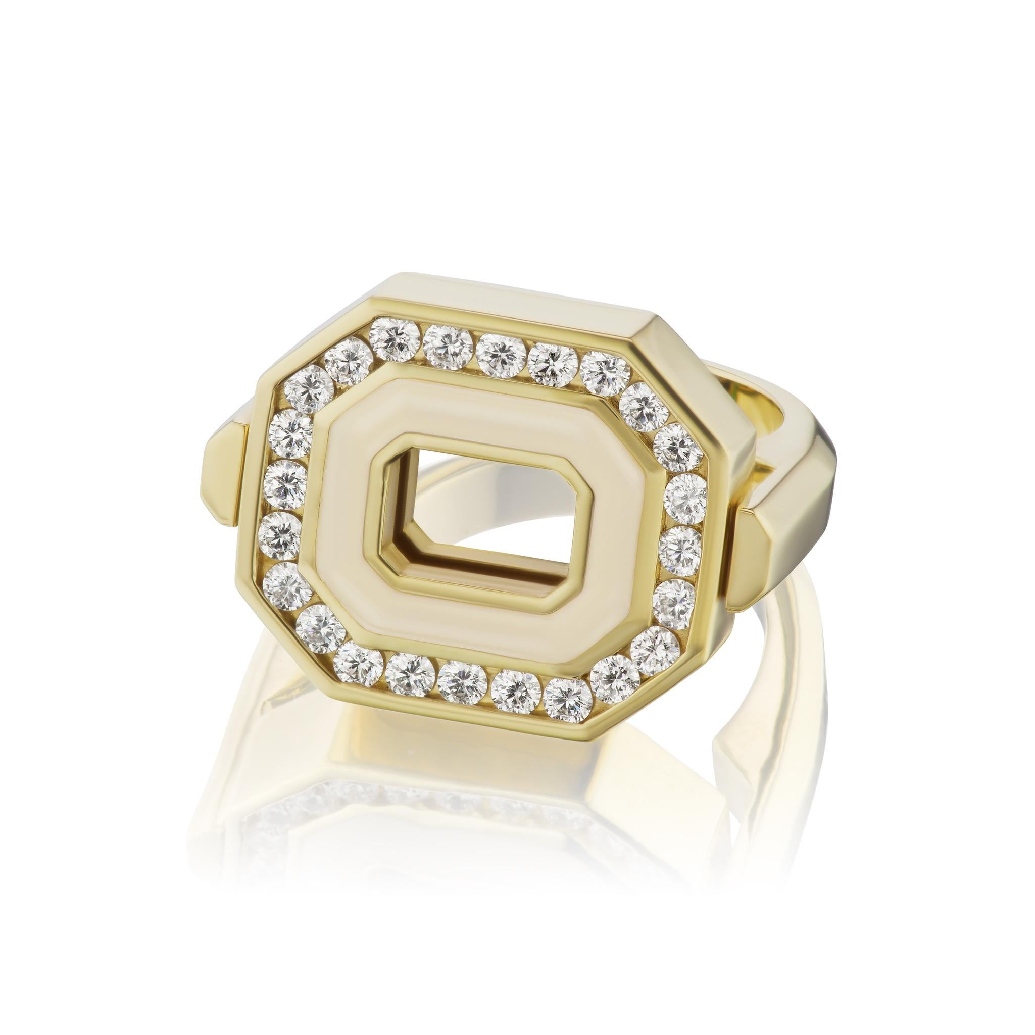 Our Museum Series Flip Ring in 18K yellow gold that is two sided for more versatility. An East/West set Octagon framed in gold with a line of cream enamel and .55 carats of GH VSI diamonds on one side. On the other side is a row of black enamel with