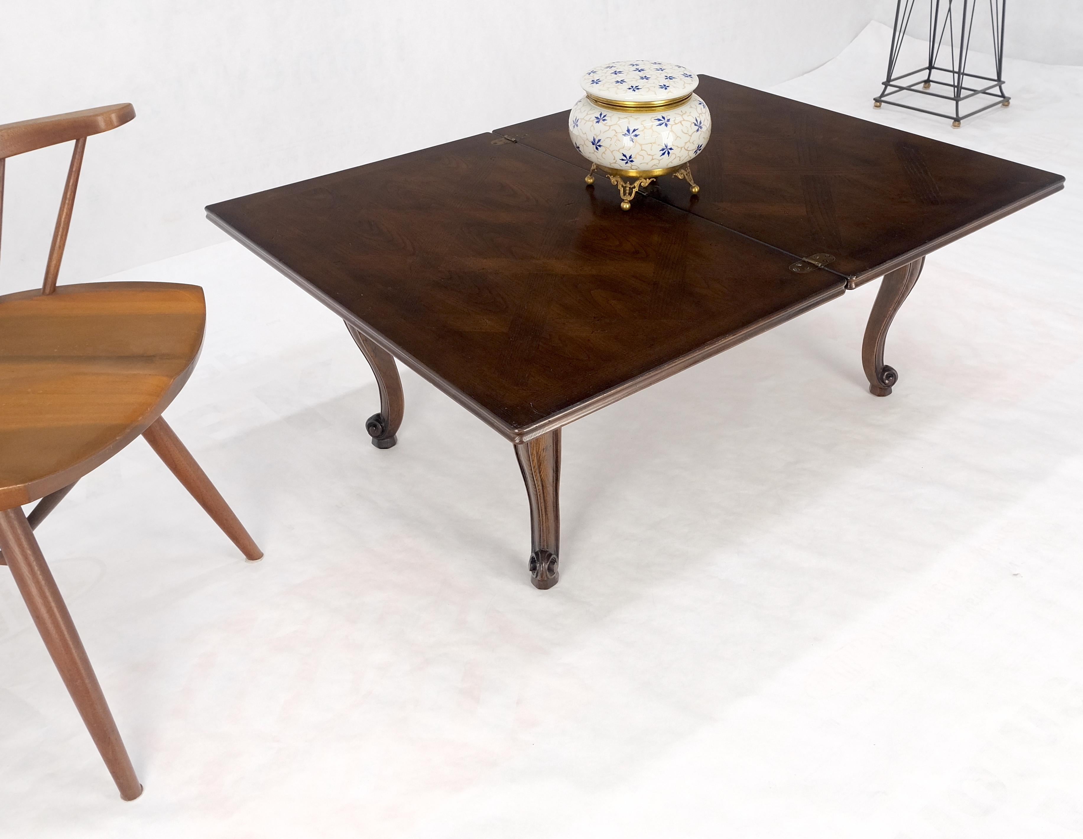 Lacquered Flip Top Folding Double Parquet Top Chestnut Coffee Cocktail Table Carved Legs For Sale