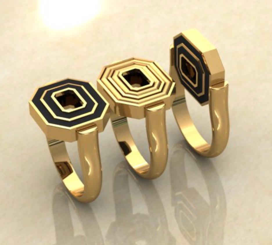 Our Museum Series Petite Flip Ring in 18K yellow gold and Black Enamel. Just a little smaller for the more petite hands. An East/West set Octagon with clean gold lines on one side and black enamel on the other. A hinge on each side locks it into