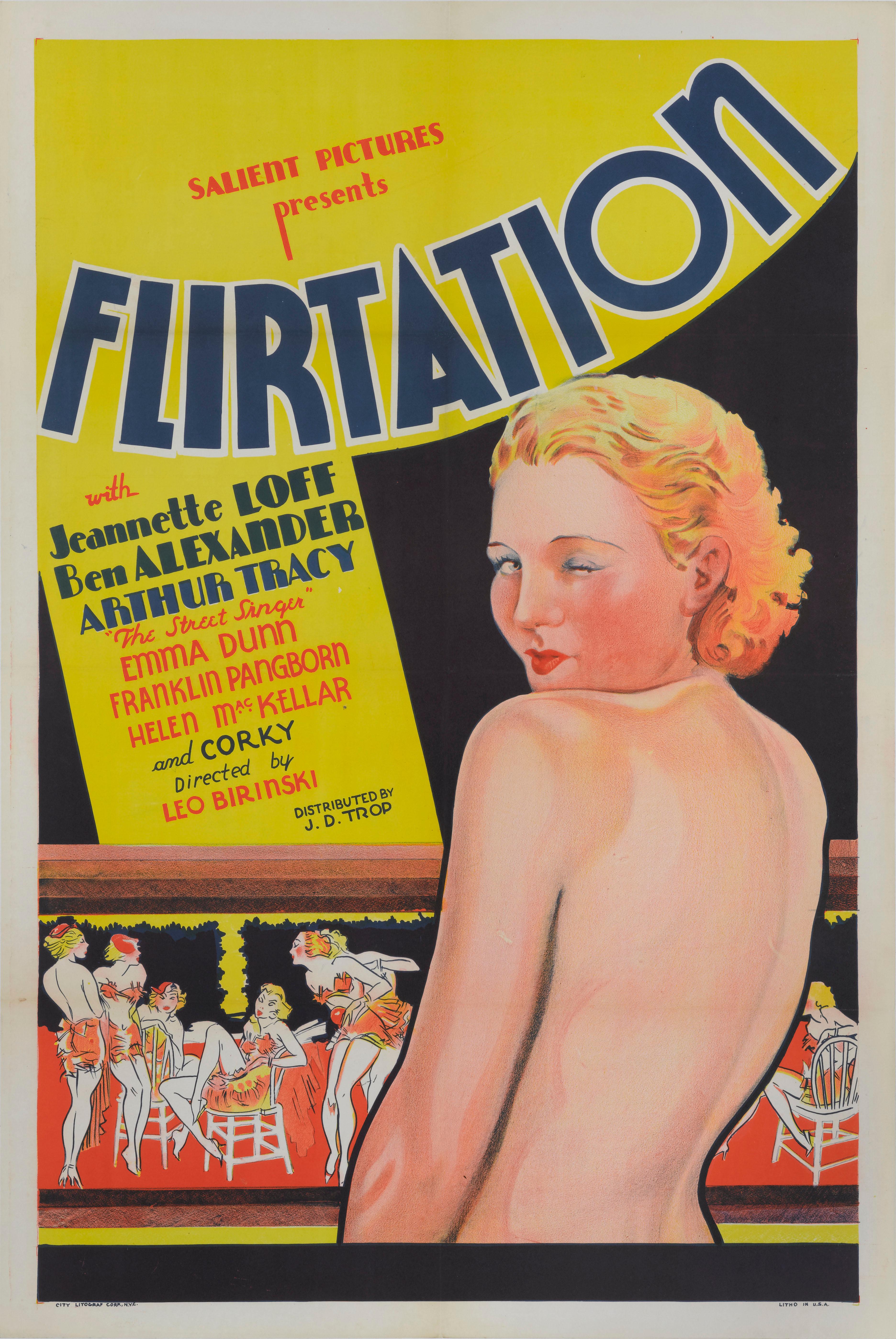 Original US film poster for the 1934 Musical Romance.
This saucy poster showing a naked Jeanette Loff just snuck in before the Hays Code (moral guidelines for films) was fully enforced later on in 1934. The poster is very much of the 1930s era with