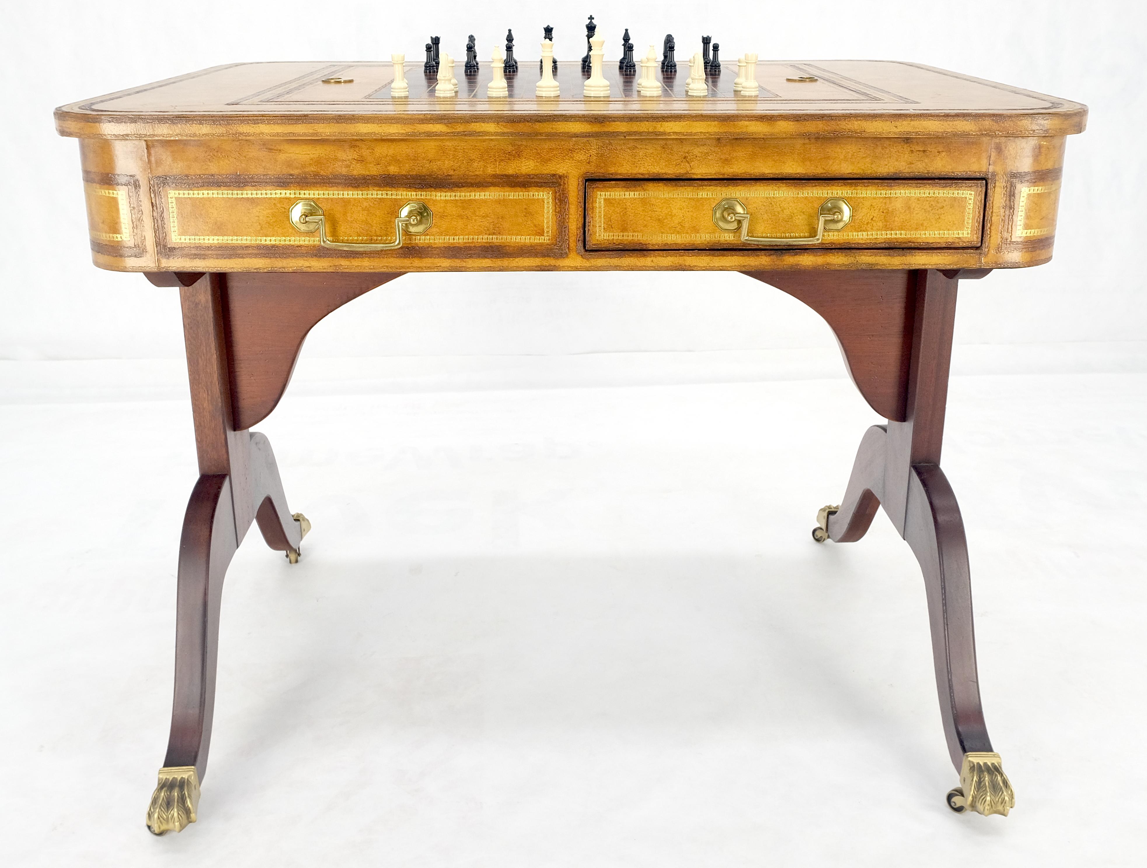 Flit Top Chess Board Backgammon Tooled Leather Top Two Drawers Game Table MINT! For Sale 8