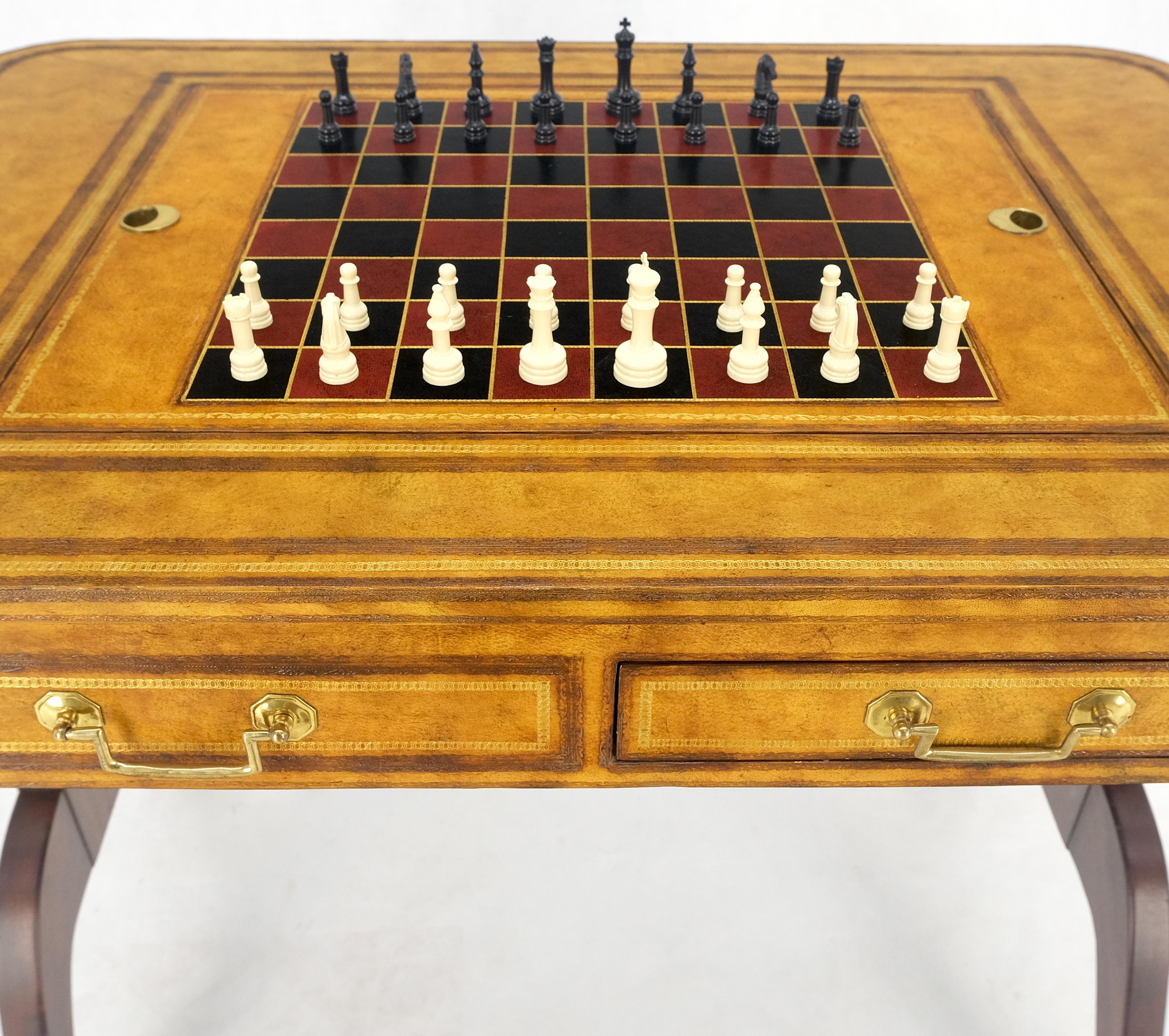 Flit Top Chess Board Backgammon Tooled Leather Top Two Drawers Game Table MINT! For Sale 9