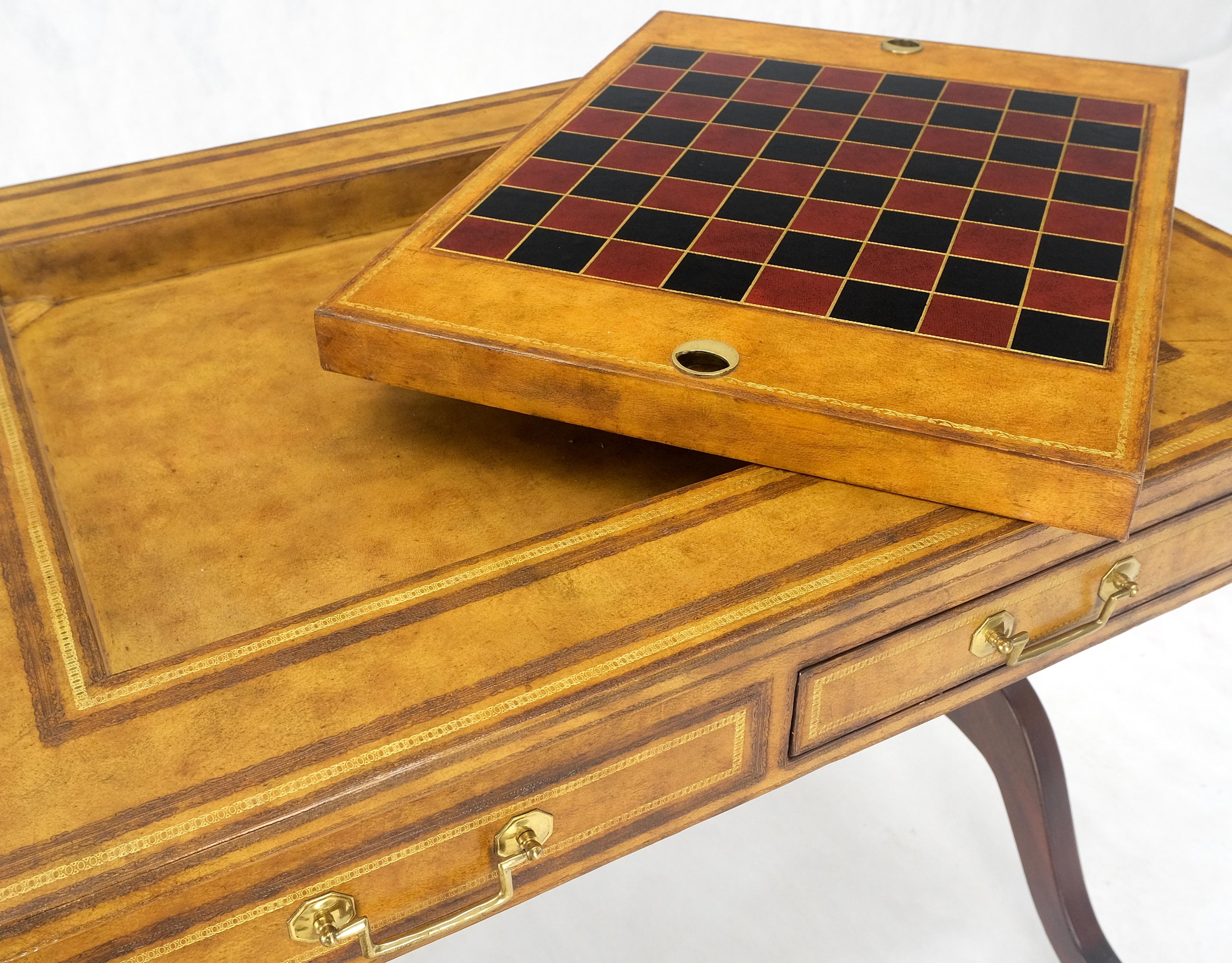 Flit Top Chess Board Backgammon Tooled Leather Top Two Drawers Game Table Brass Claws Feet & Castors MINT!