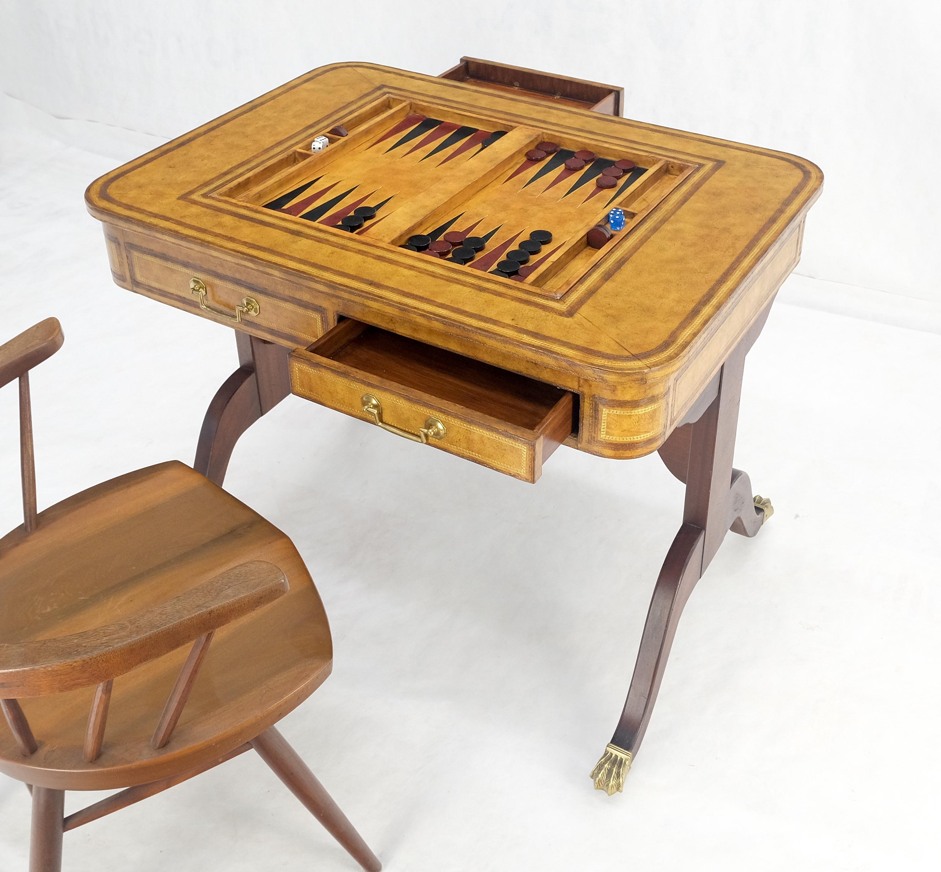 Regency Revival Flit Top Chess Board Backgammon Tooled Leather Top Two Drawers Game Table MINT! For Sale