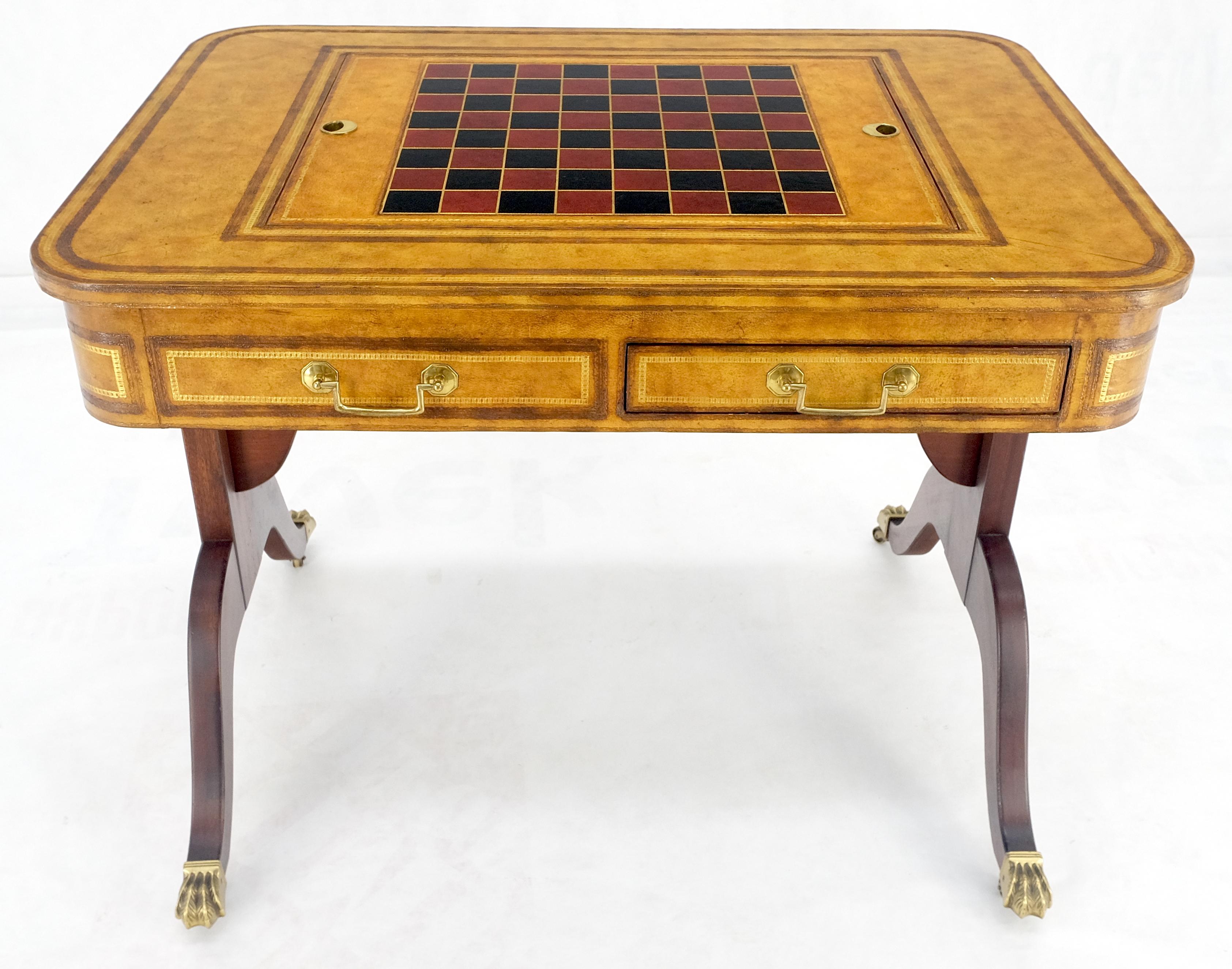 Lacquered Flit Top Chess Board Backgammon Tooled Leather Top Two Drawers Game Table MINT! For Sale
