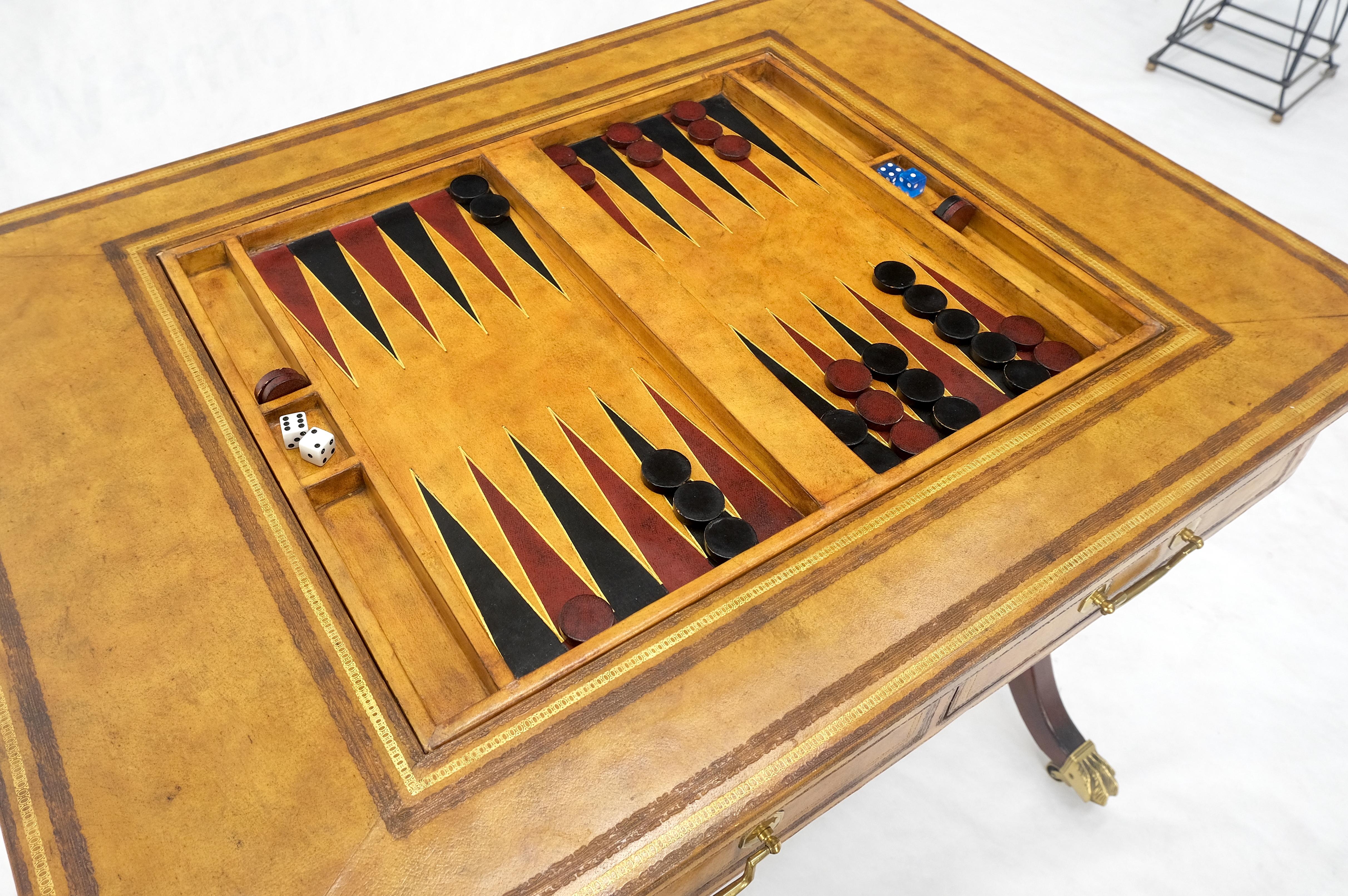 Flit Top Chess Board Backgammon Tooled Leather Top Two Drawers Game Table MINT! In Excellent Condition For Sale In Rockaway, NJ
