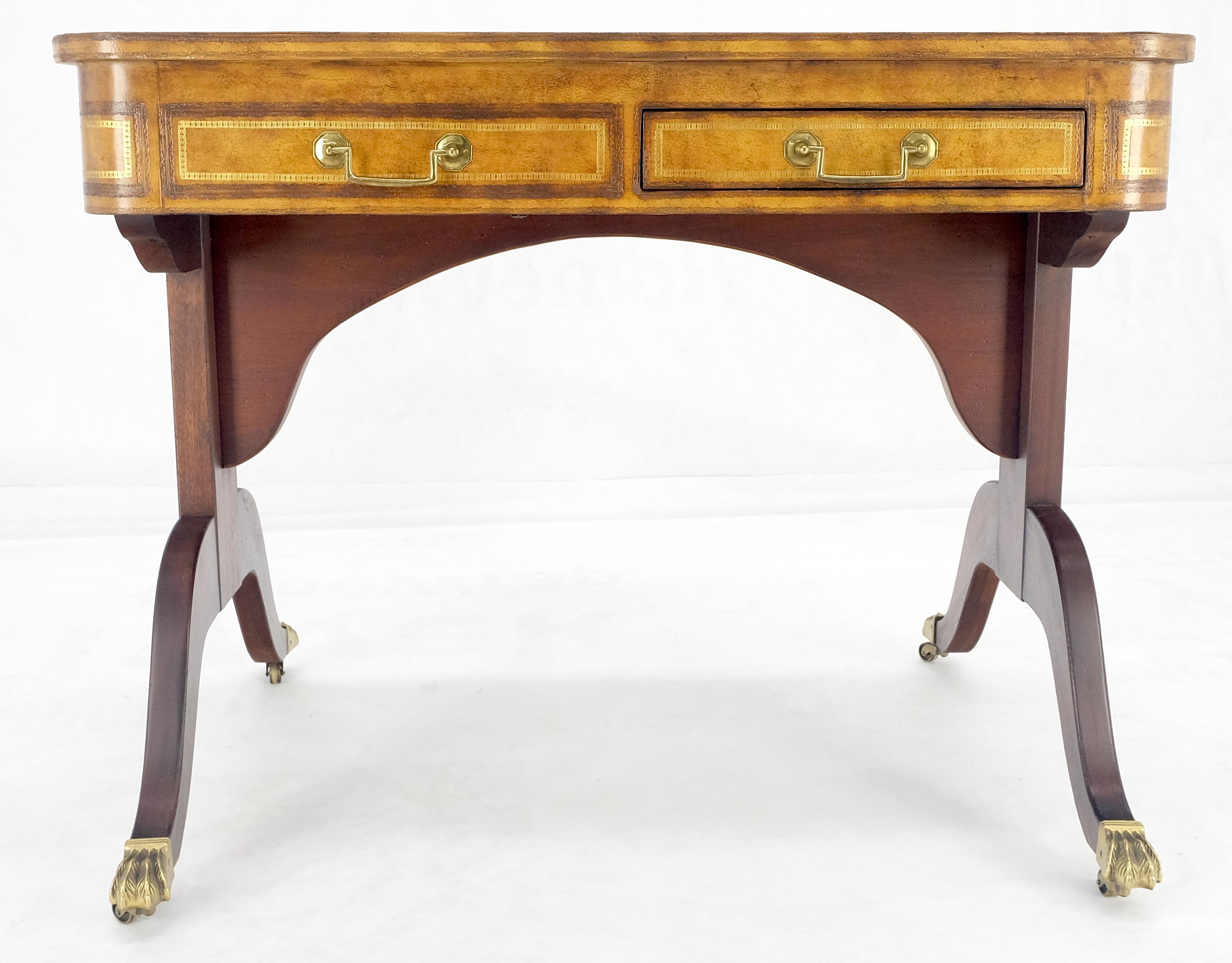 20th Century Flit Top Chess Board Backgammon Tooled Leather Top Two Drawers Game Table MINT! For Sale