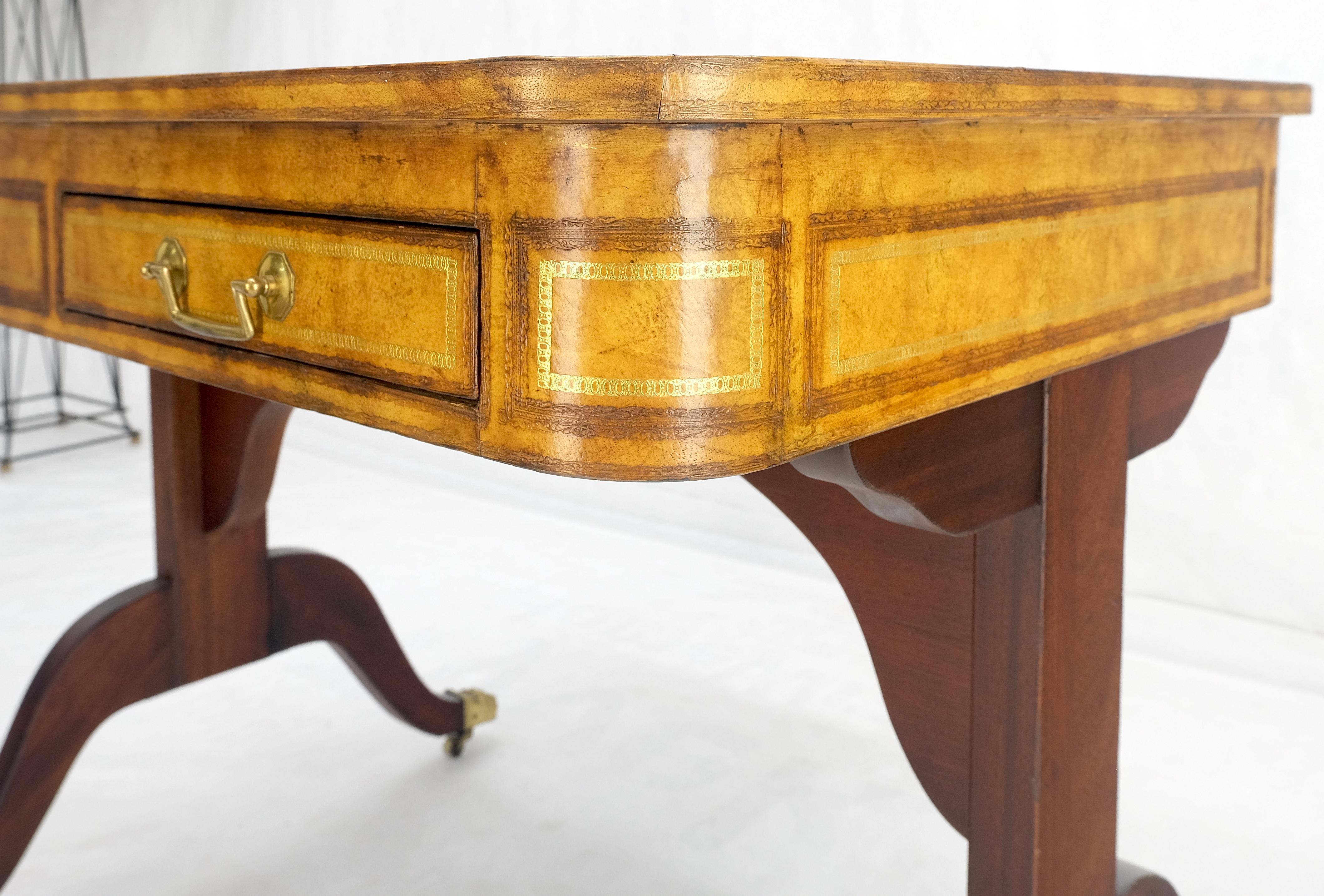 Brass Flit Top Chess Board Backgammon Tooled Leather Top Two Drawers Game Table MINT! For Sale