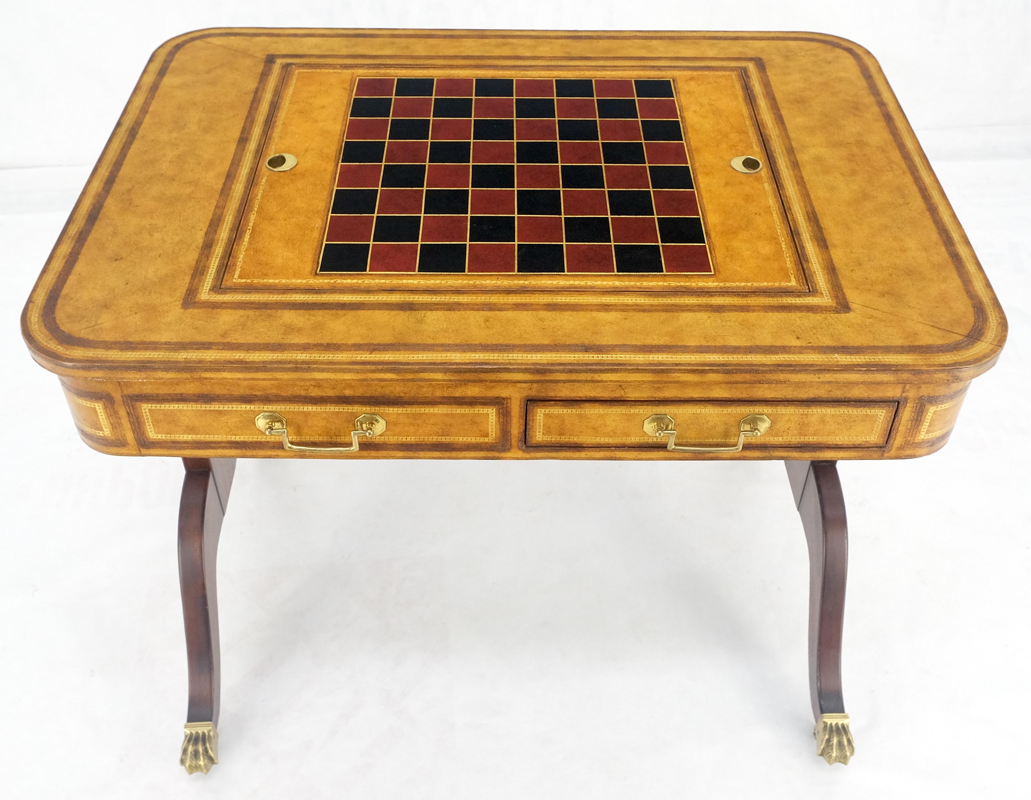Flit Top Chess Board Backgammon Tooled Leather Top Two Drawers Game Table MINT! For Sale 1