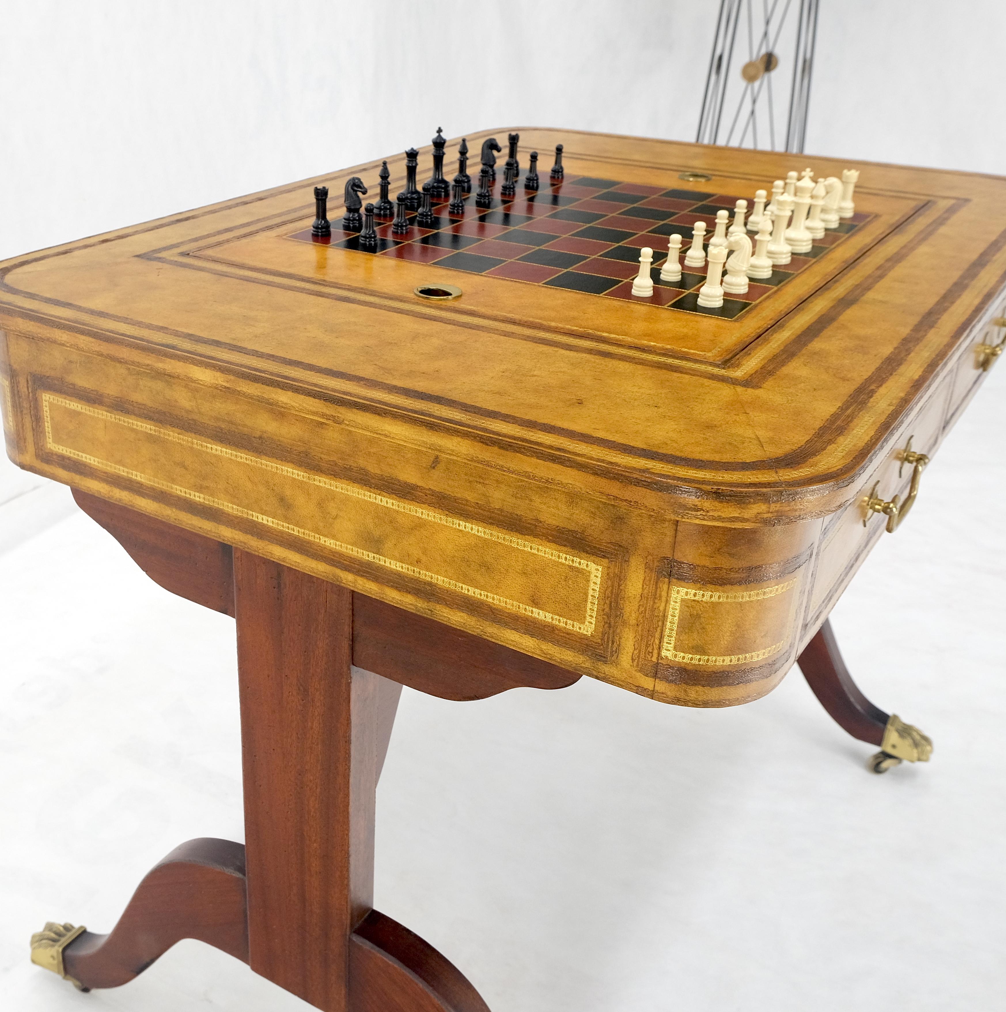 Flit Top Chess Board Backgammon Tooled Leather Top Two Drawers Game Table MINT! For Sale 2
