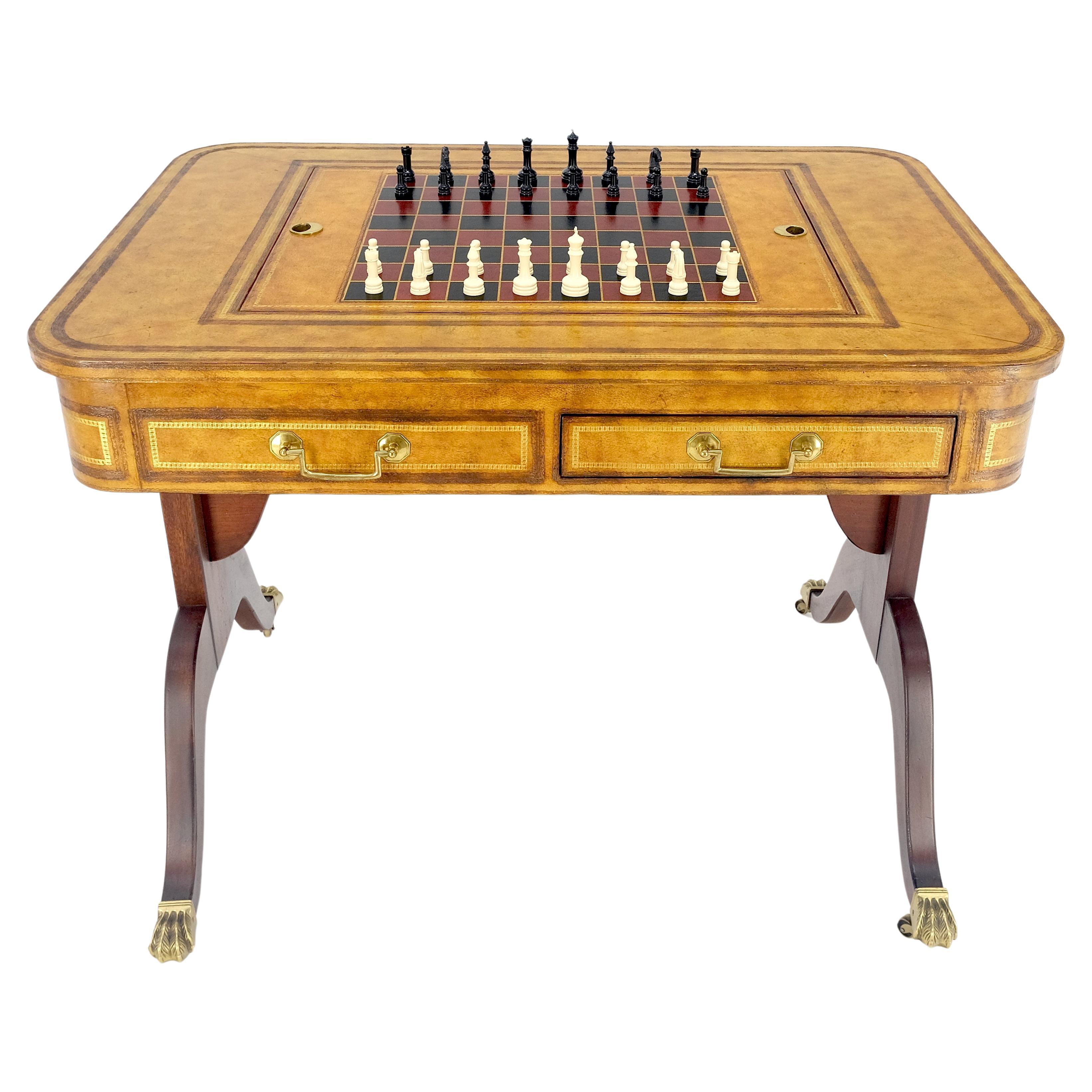 Flit Top Chess Board Backgammon Tooled Leather Top Two Drawers Game Table MINT!