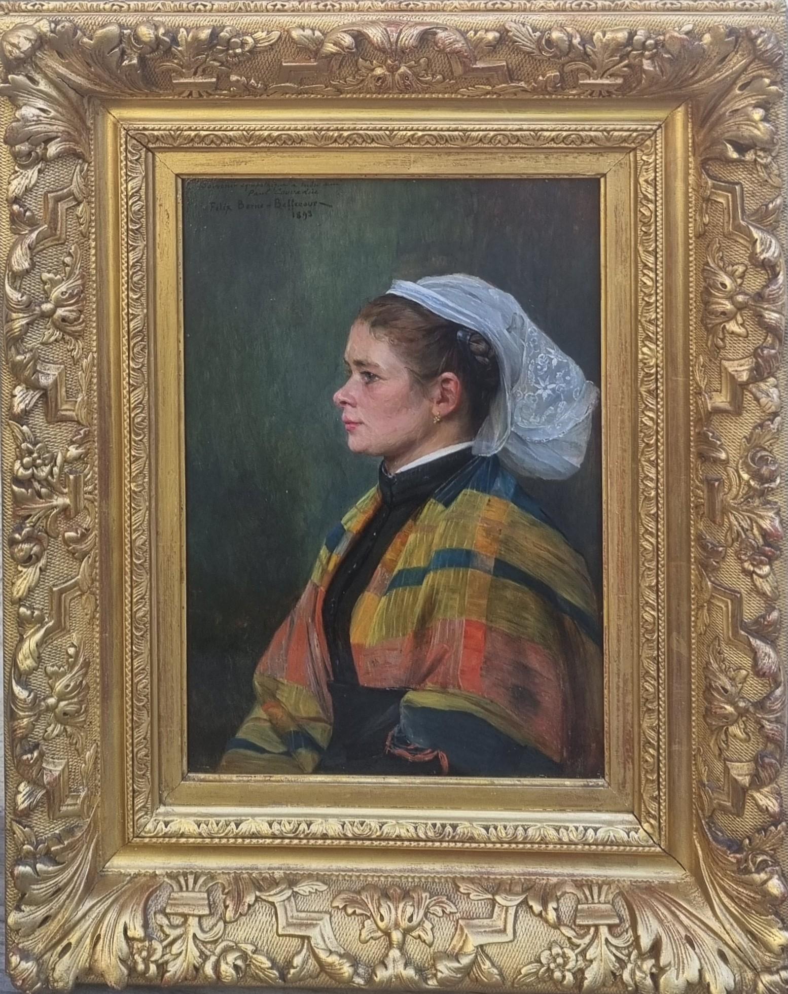 BERNE BELLECOUR Französisch Gemälde Porträt Junge Frau Regionales Kostüm 19. (Schwarz), Portrait Painting, von Félix BERNE-BELLECOUR