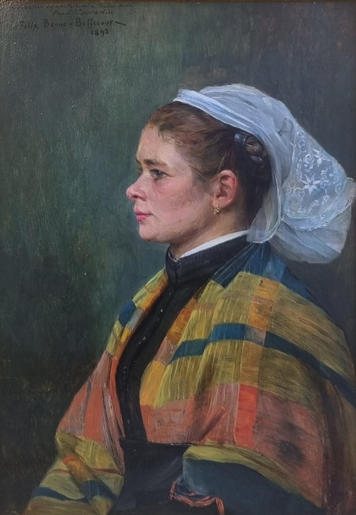 Félix BERNE-BELLECOUR Portrait Painting – BERNE BELLECOUR Französisch Gemälde Porträt Junge Frau Regionales Kostüm 19.