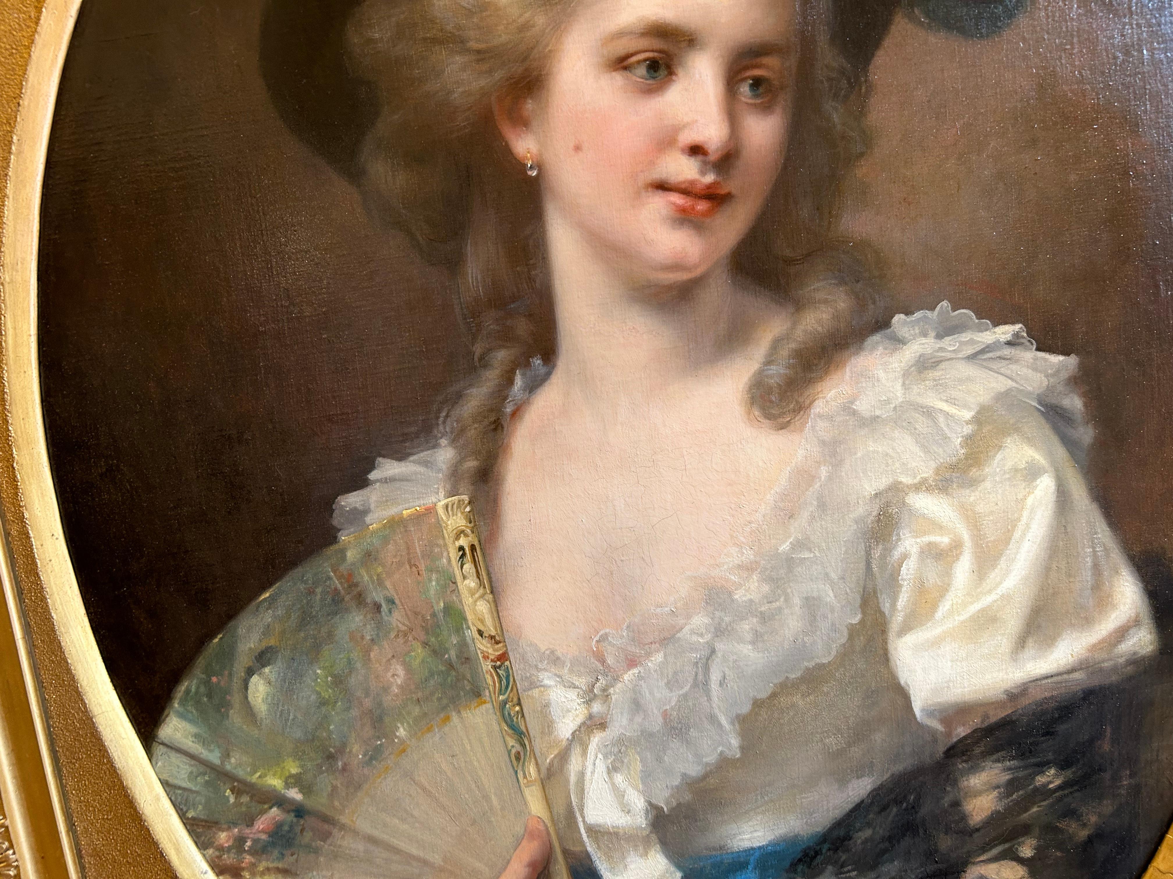 Ritratto di signora con cappello e ventaglio - stile Marie Antoinette nel 1783 - Painting di Félix-Henri Giacomotti