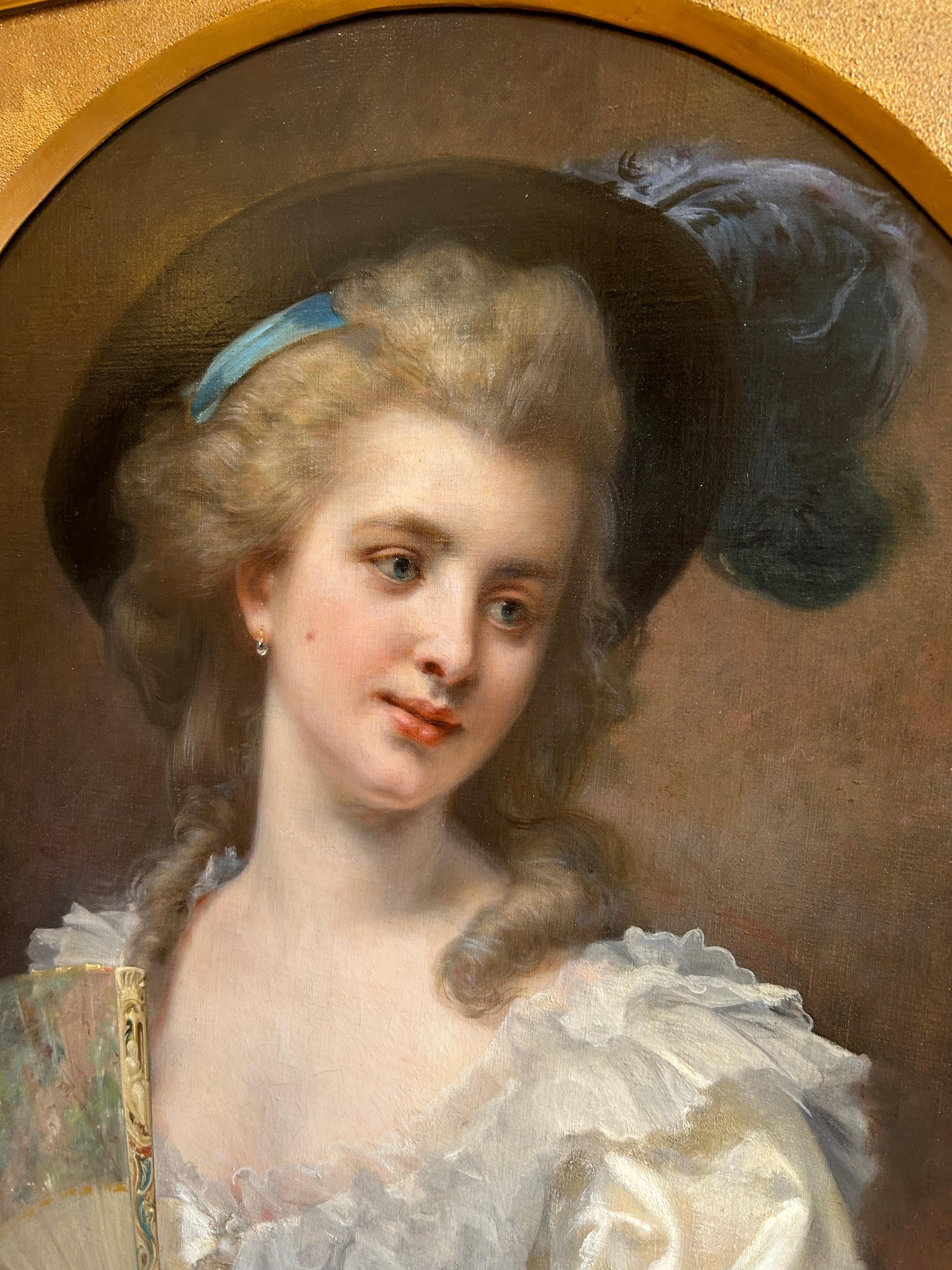 Ritratto di signora con cappello e ventaglio - stile Marie Antoinette nel 1783 - Portrait Painting Marrone di Félix-Henri Giacomotti