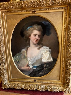 Antique Portrait of a Lady with Hat and Fan - Marie-Antoinette Style in 1783