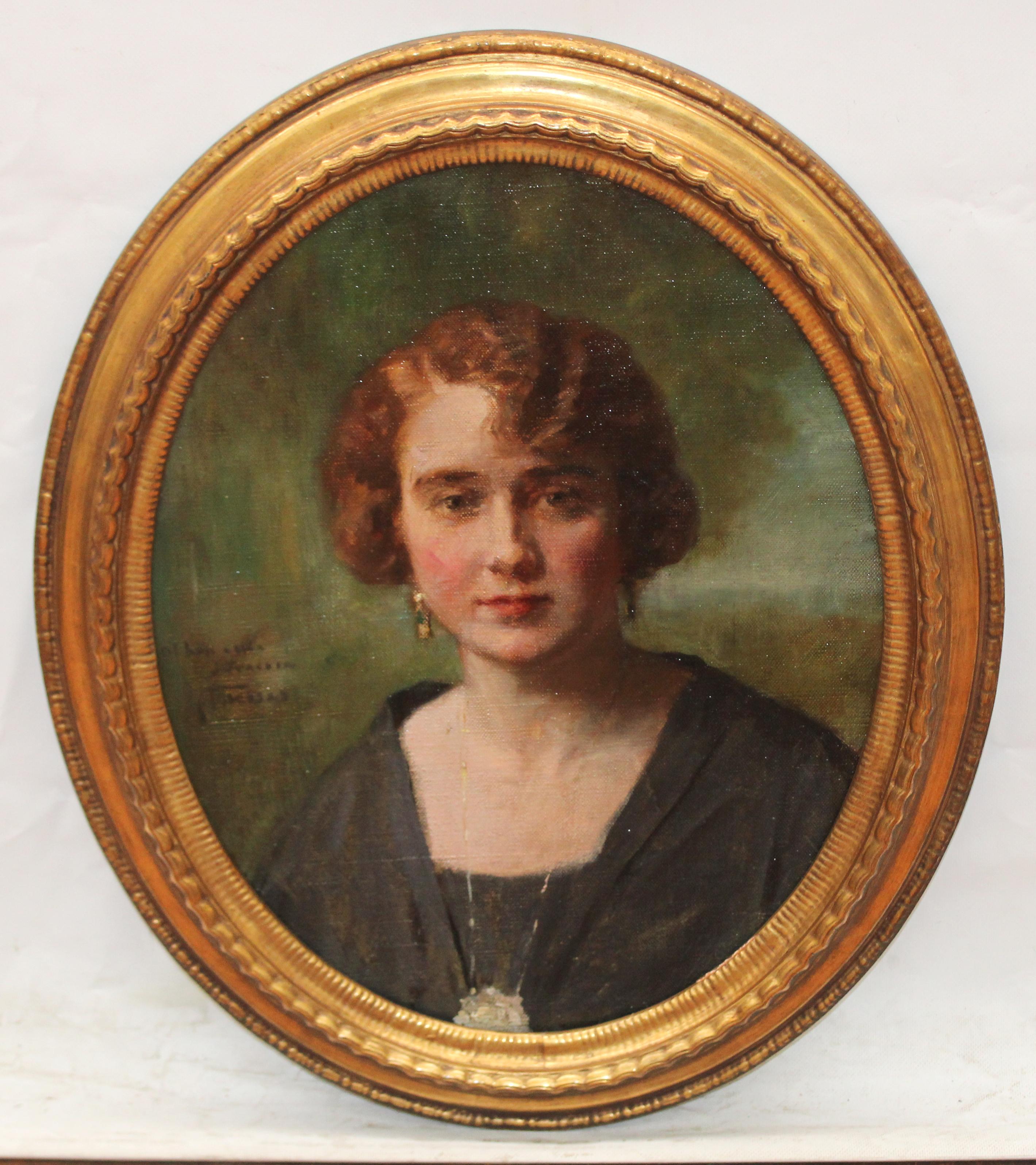 Female Portrait Oil Painting on Canvas, Framed, Signed, Early 20th Century