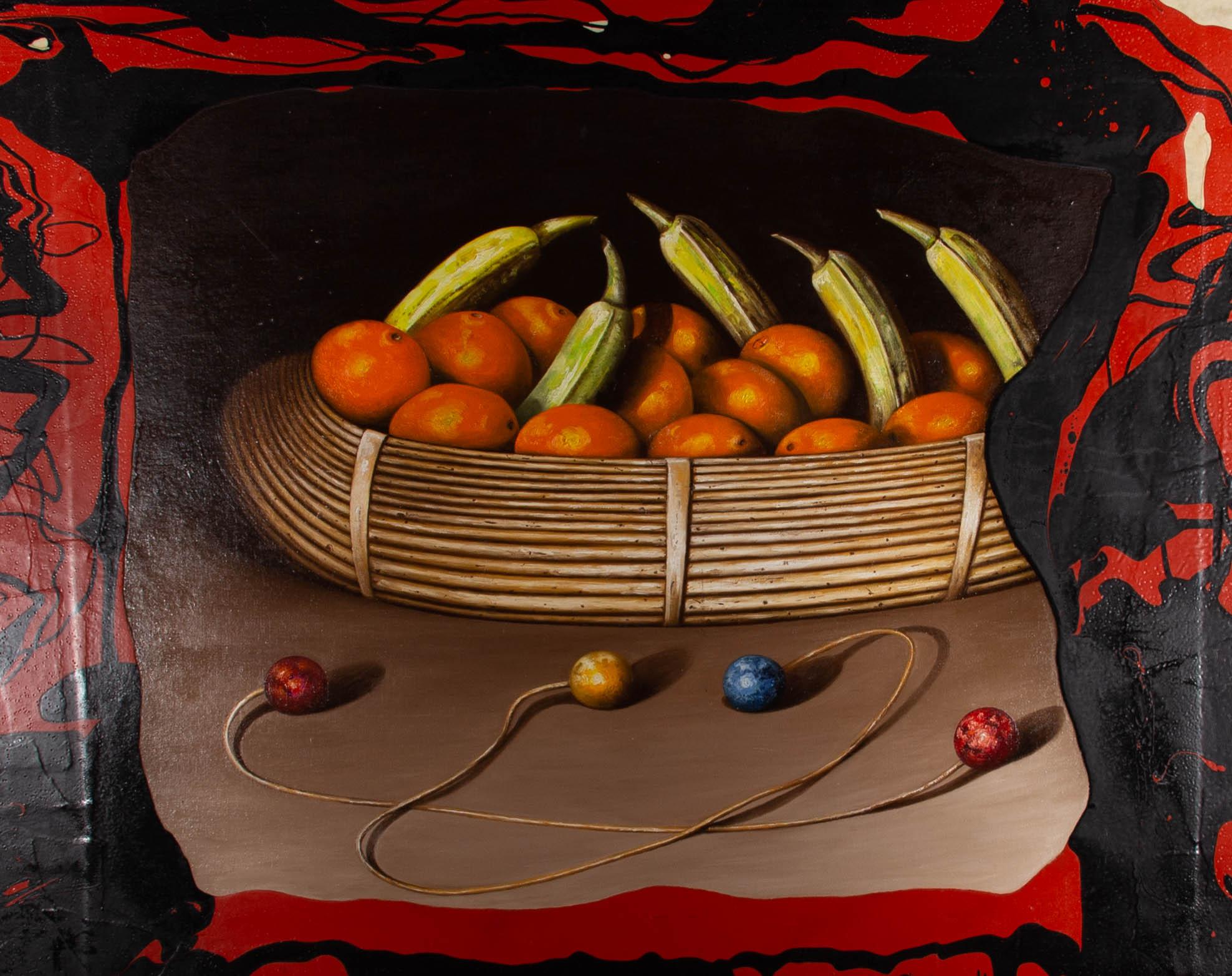 An incredibly striking and vibrant surrealist still life, showing a basket full of phallic plantain and oranges. In front of the basket are strange objects made of string and coloured balls. The artist shows an truly skilled hand with the execution