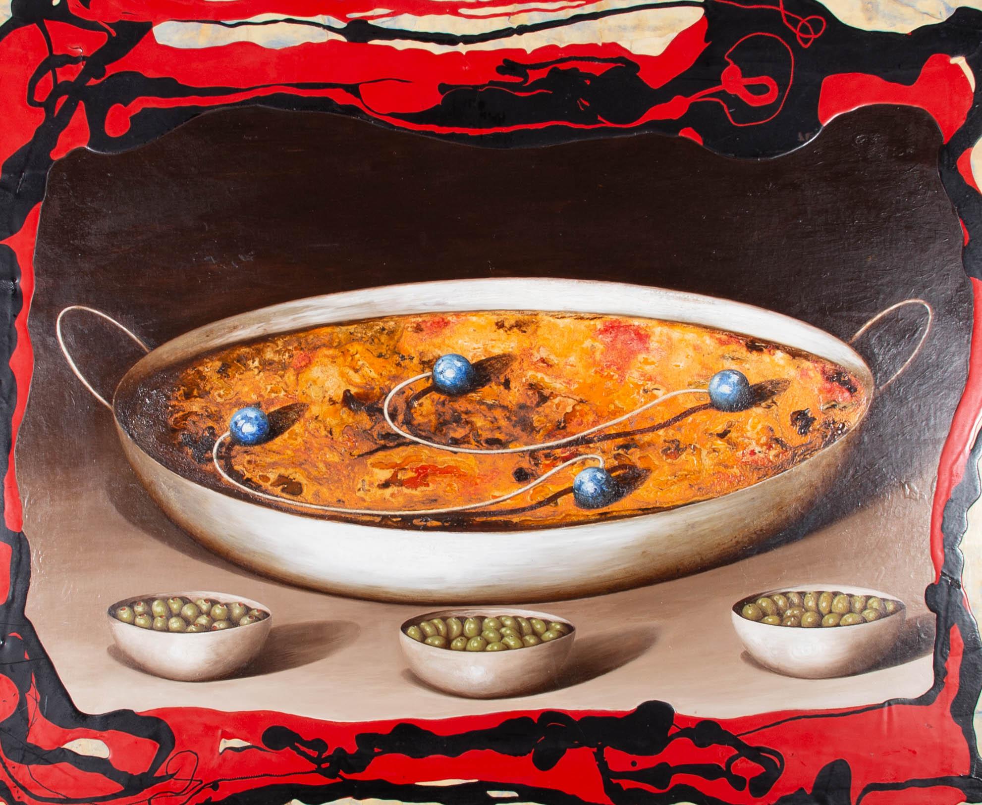 An incredibly striking and vibrant surrealist still life, showing a large pan full of food that resembles paella. Strange objects made of string and blue balls lie on top of the food. In front of the pan are three bowls of olives. The artist shows