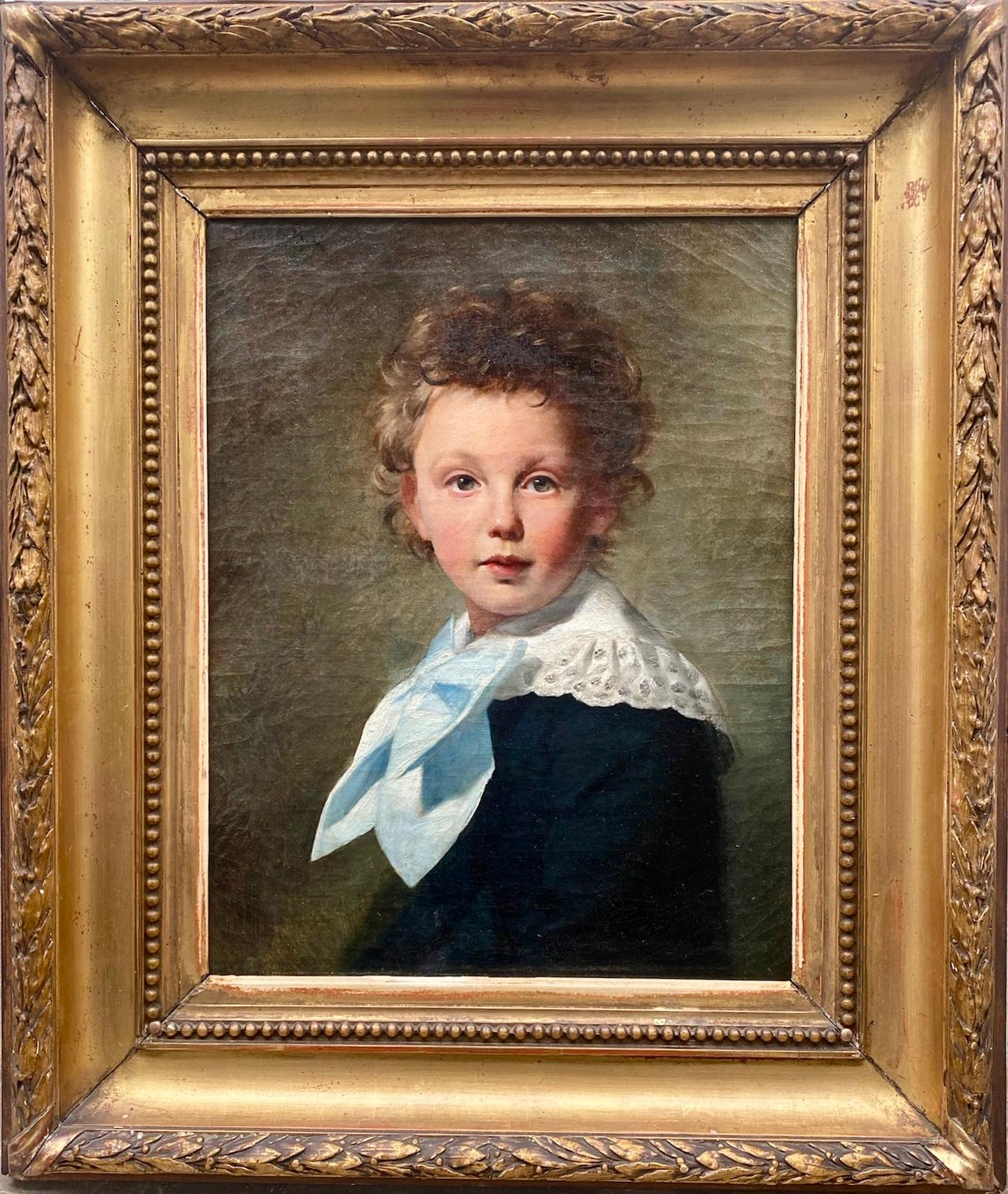 The blue bow: a little boy with tousled hair naturalistic portrait oil painting - Painting by Félix Pescador y Saldana