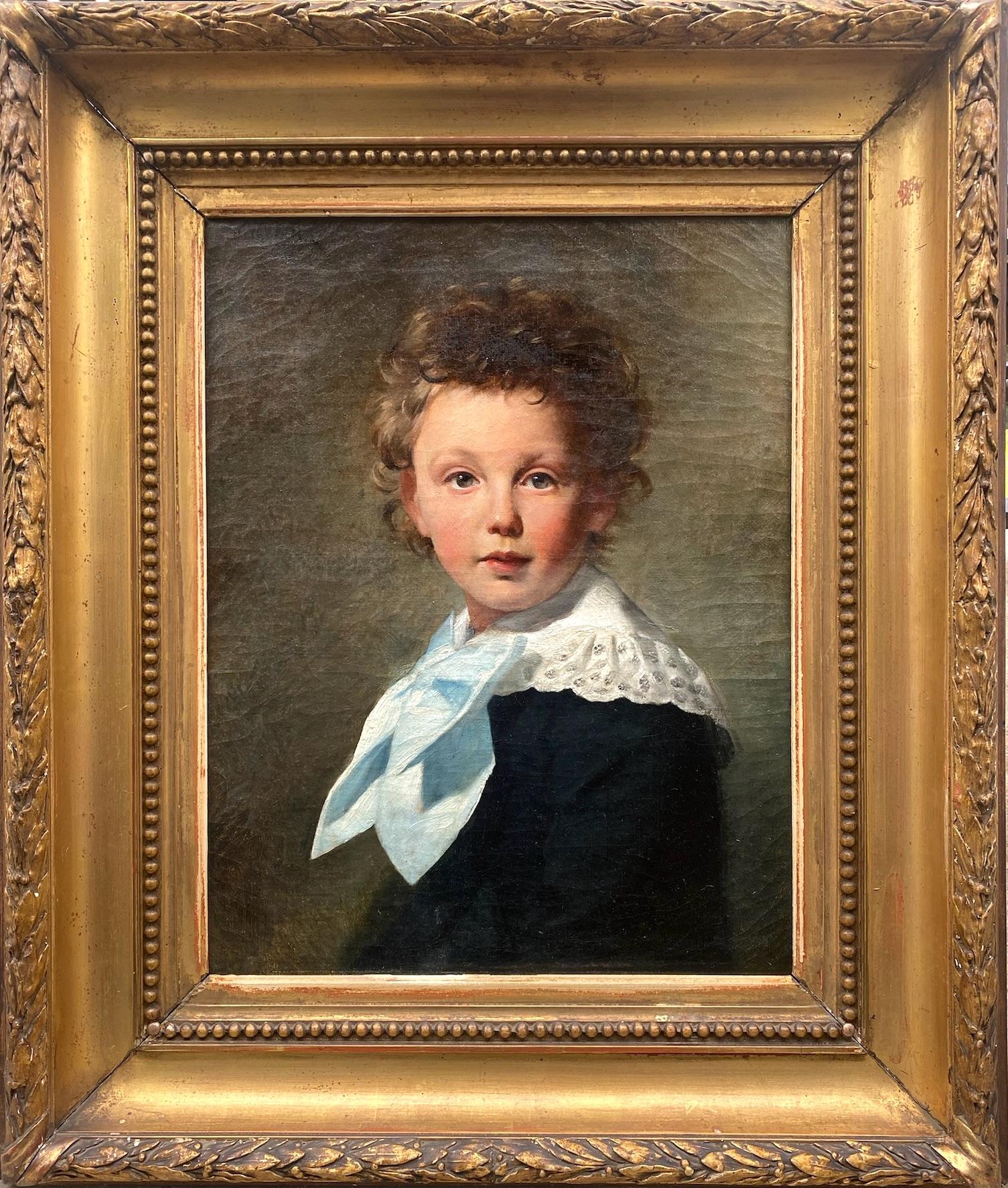 Le nœud bleu : un petit garçon aux cheveux bouclés, peinture à l'huile naturaliste