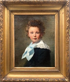 The blue bow: a little boy with tousled hair naturalistic portrait oil painting