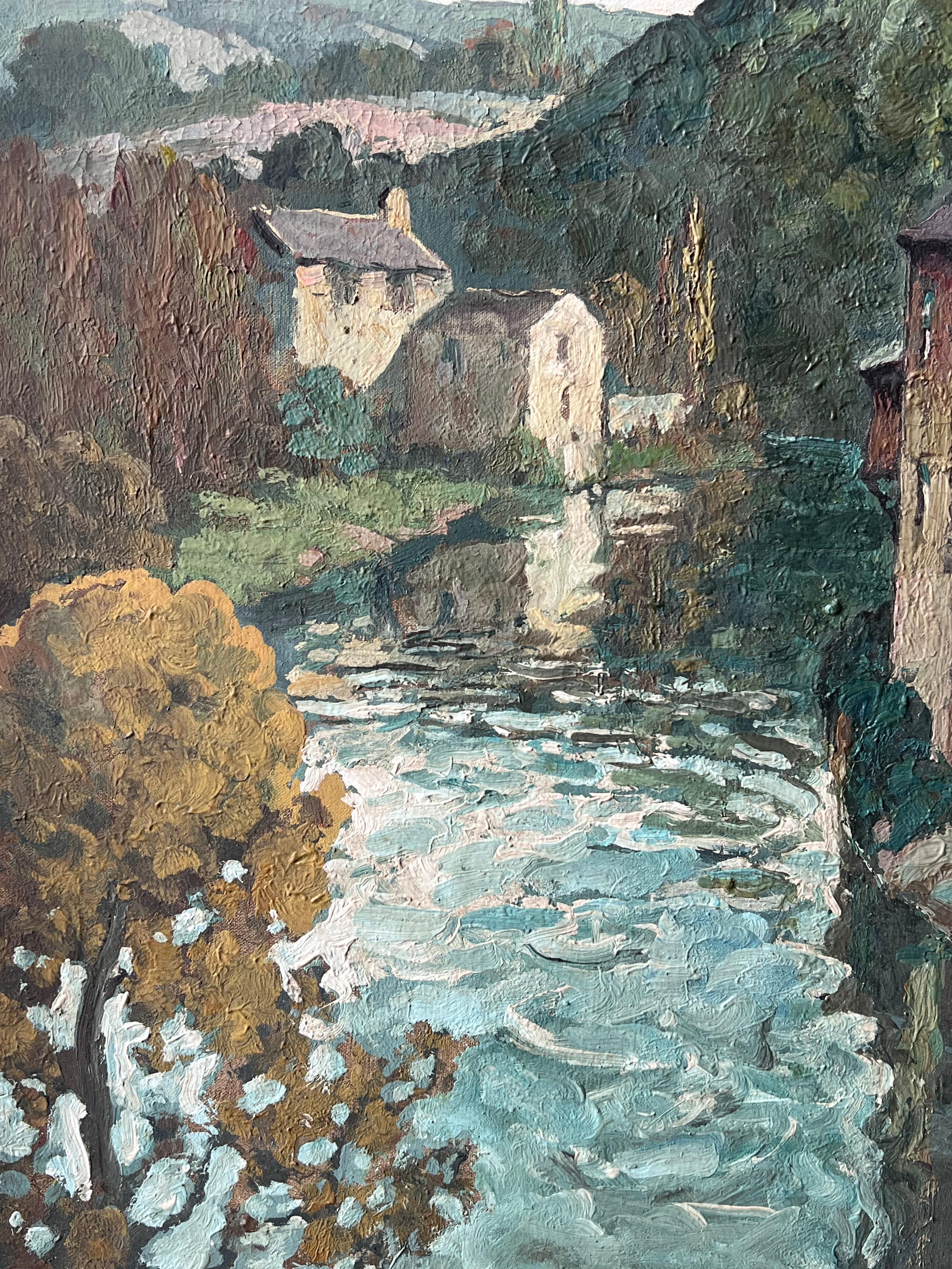 Belle peinture à l'huile du 20ème siècle signée de la main d'un artiste français. Townes endormie sur une rivière. en vente 5
