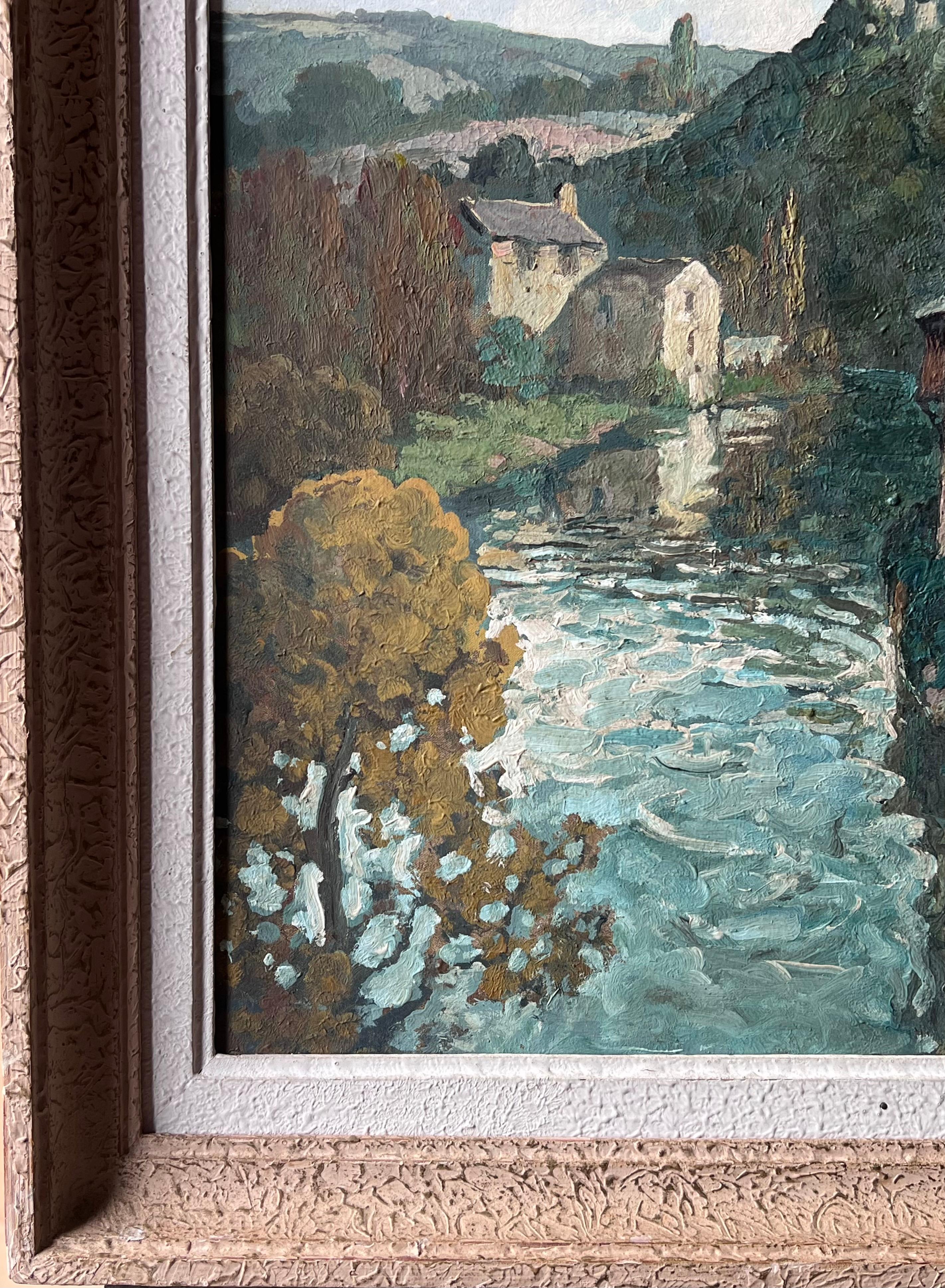 Belle peinture à l'huile du 20ème siècle signée de la main d'un artiste français. Townes endormie sur une rivière. en vente 6