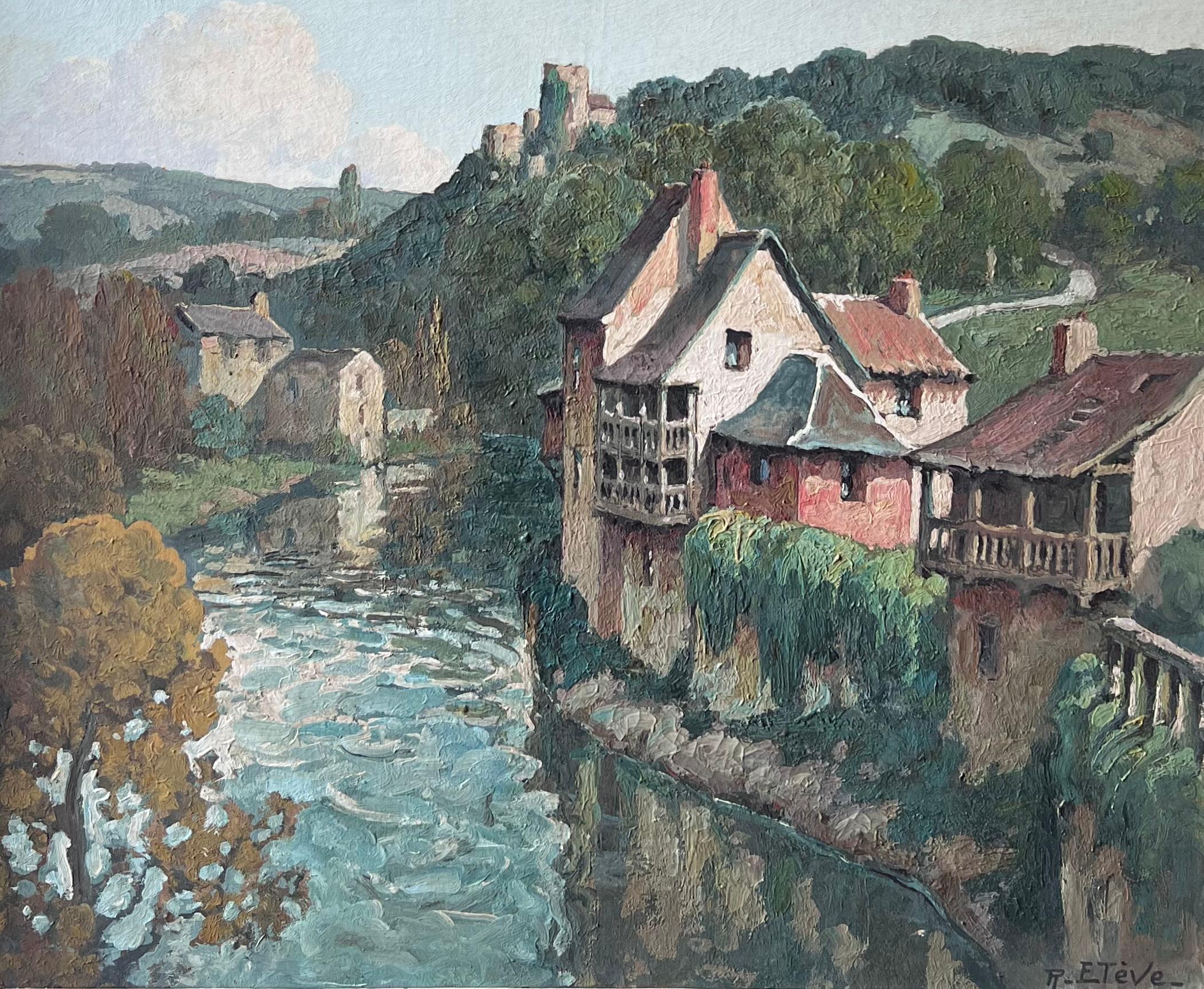 Belle peinture à l'huile du 20ème siècle signée de la main d'un artiste français. Townes endormie sur une rivière. - Painting de  Félix Raoul Eteve French, 1902-1967 