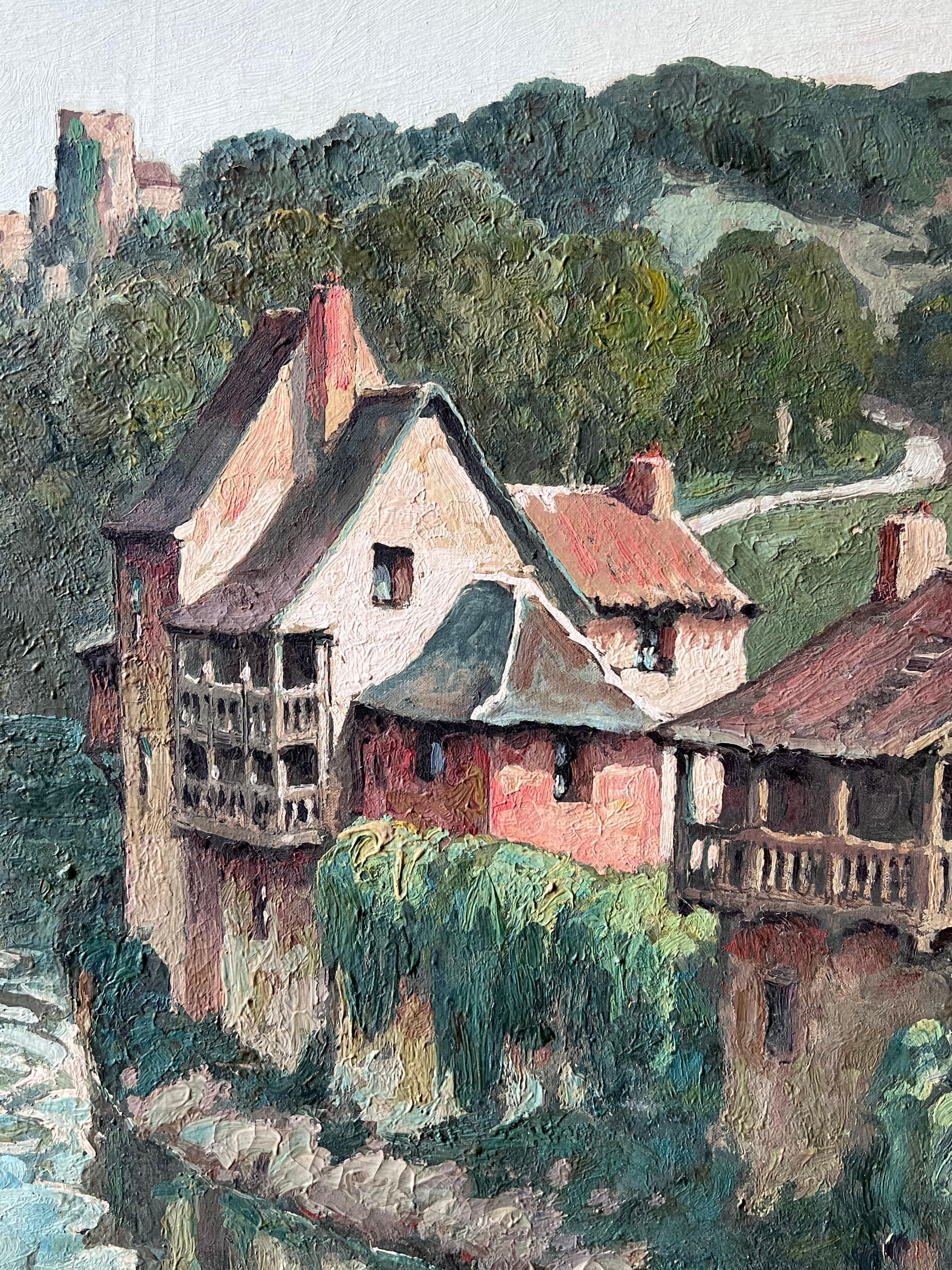Belle peinture à l'huile du 20ème siècle signée de la main d'un artiste français. Townes endormie sur une rivière. - Gris Landscape Painting par  Félix Raoul Eteve French, 1902-1967 