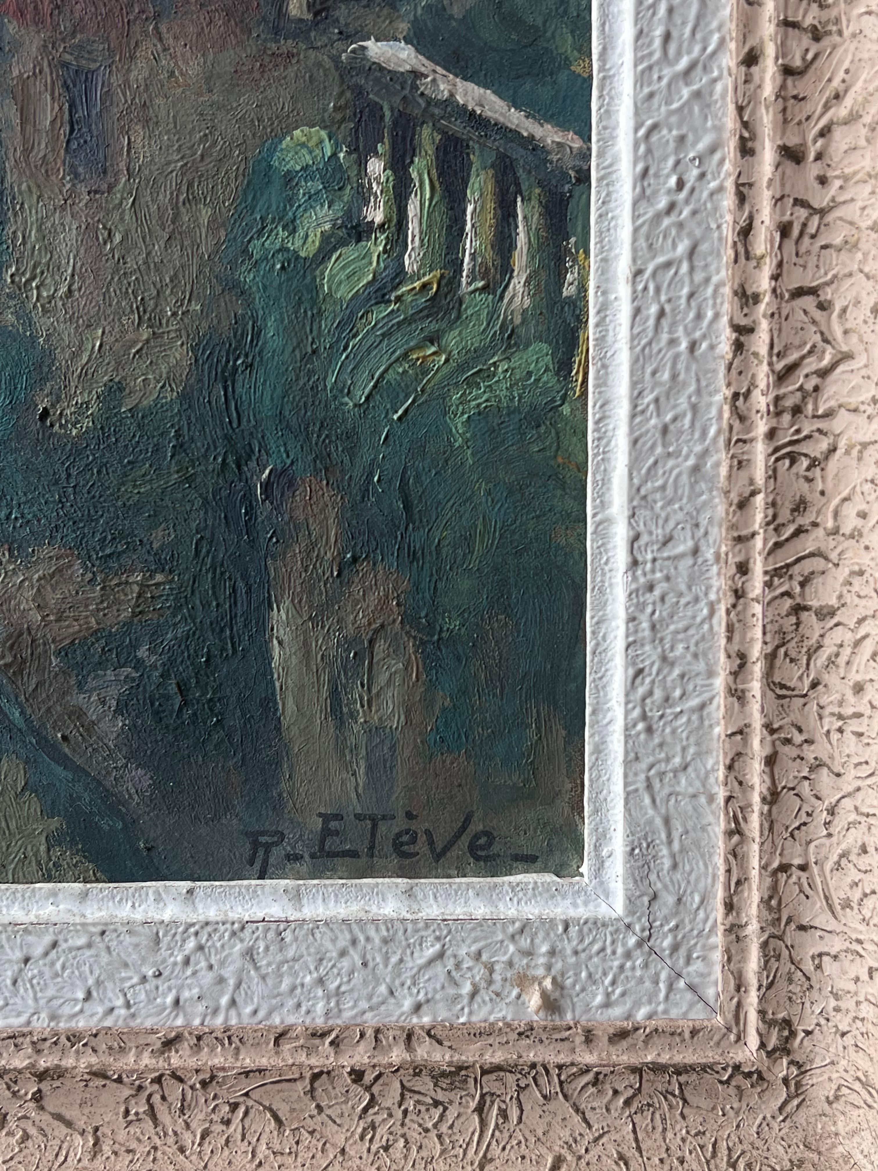 Belle peinture à l'huile du 20ème siècle signée de la main d'un artiste français. Townes endormie sur une rivière. en vente 1