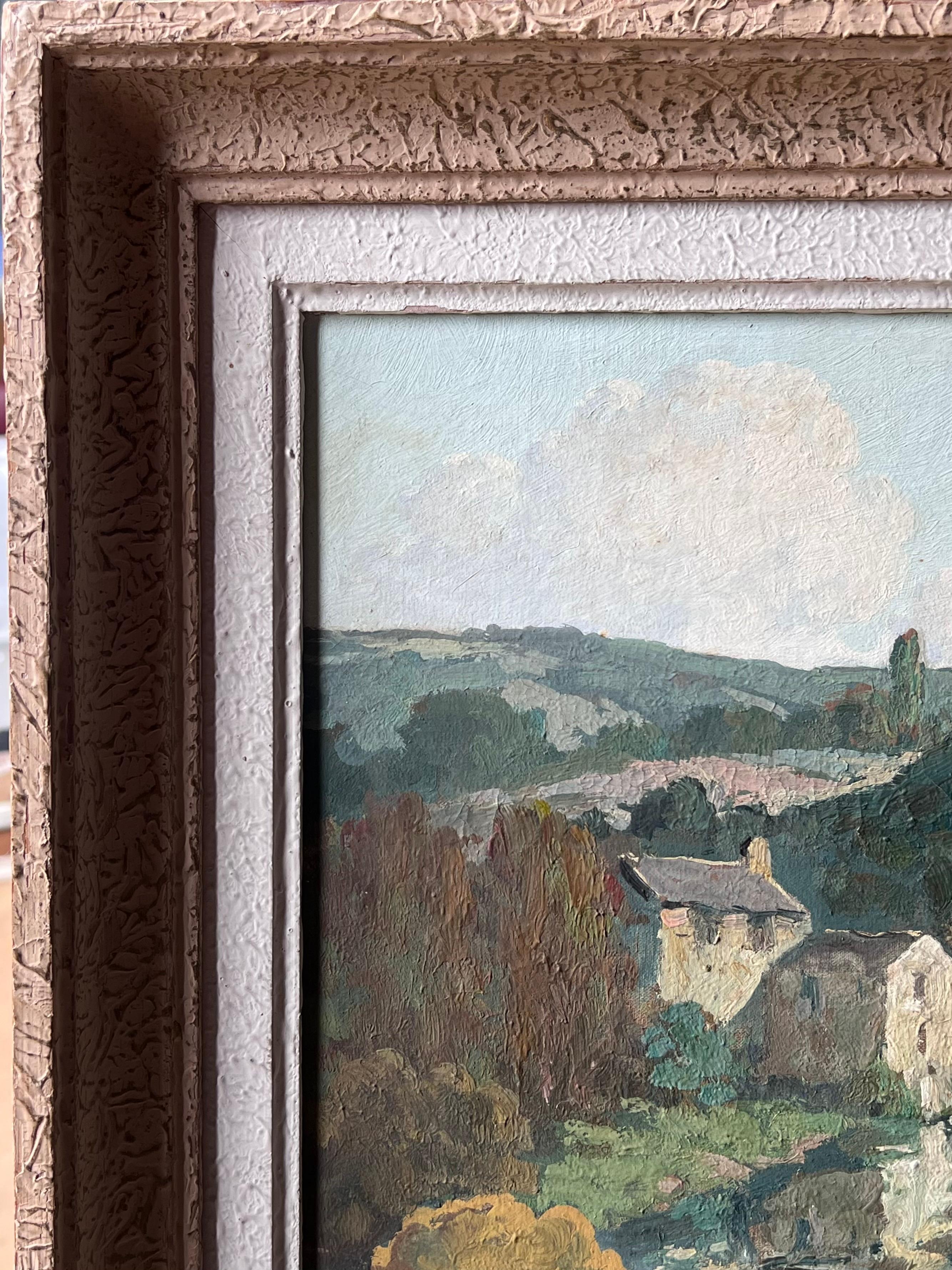 Belle peinture à l'huile du 20ème siècle signée de la main d'un artiste français. Townes endormie sur une rivière. en vente 3
