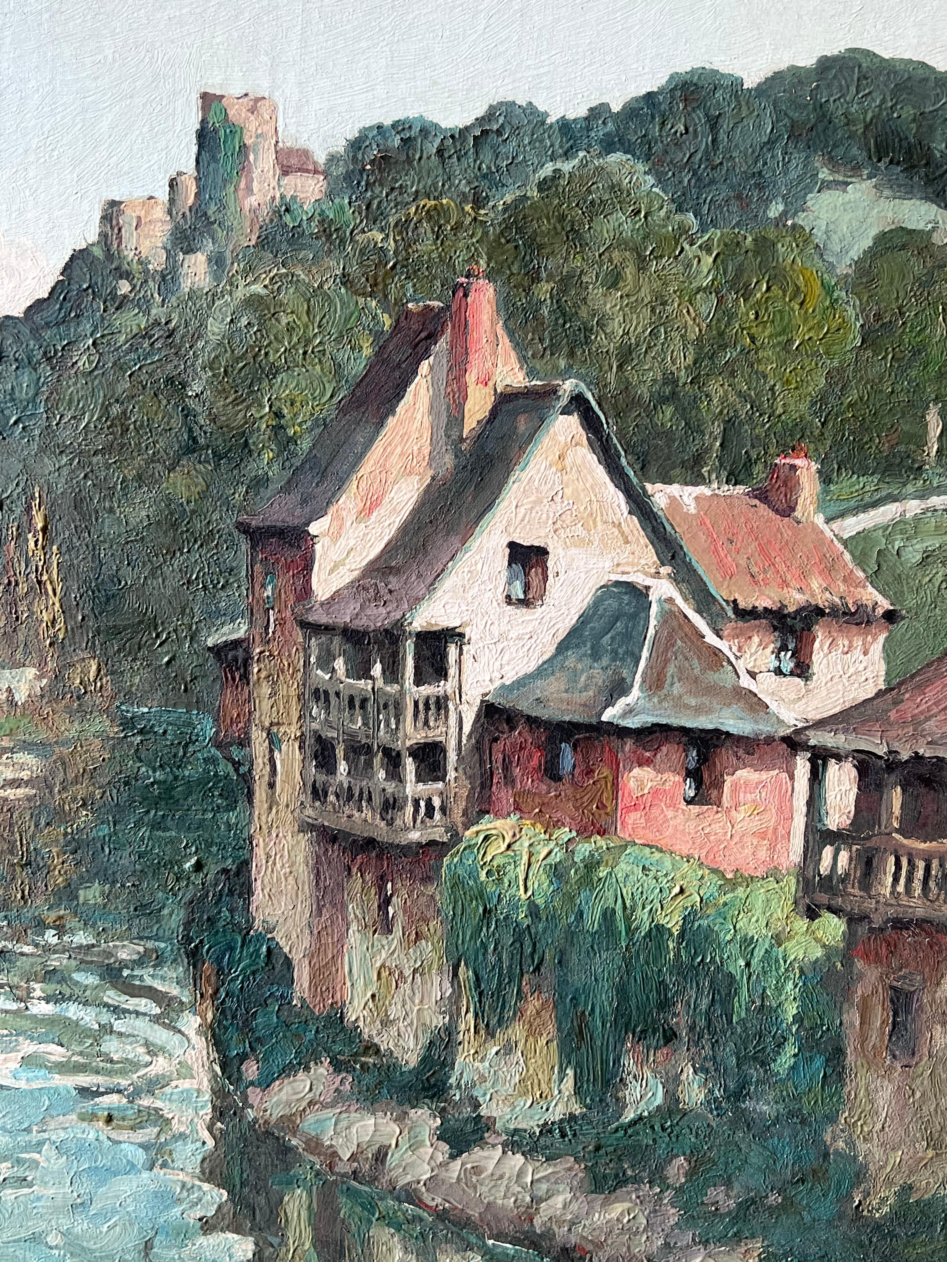 Belle peinture à l'huile du 20ème siècle signée de la main d'un artiste français. Townes endormie sur une rivière. en vente 4