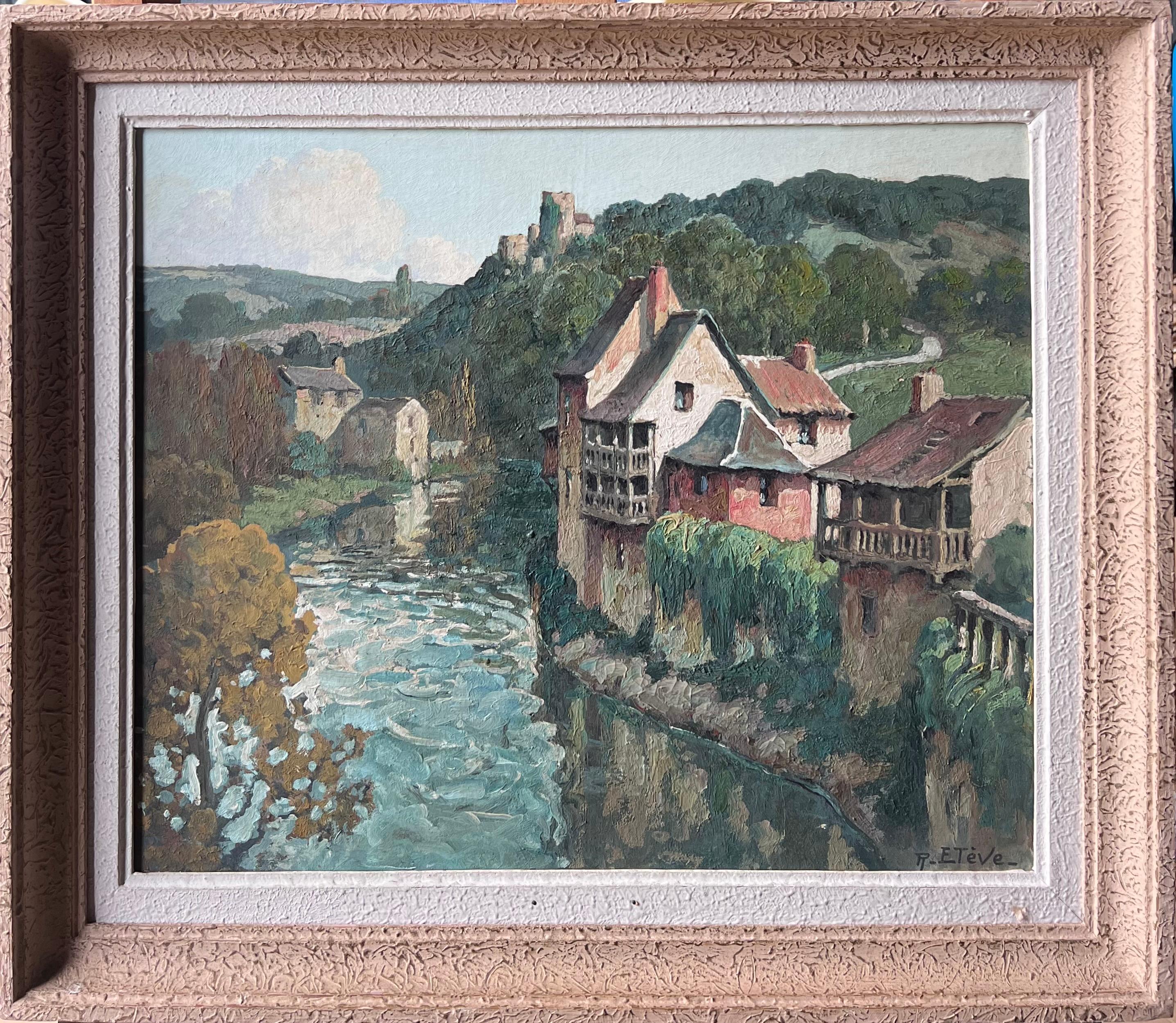Belle peinture à l
huile du 20ème siècle signée de la main d
un artiste français. Townes endormie sur une rivière.