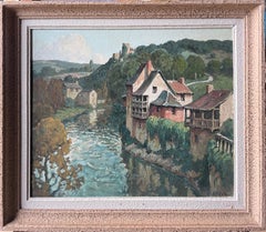 Fine Quality 20th Century French Signed Oil Painting Sleepy Old Town on River