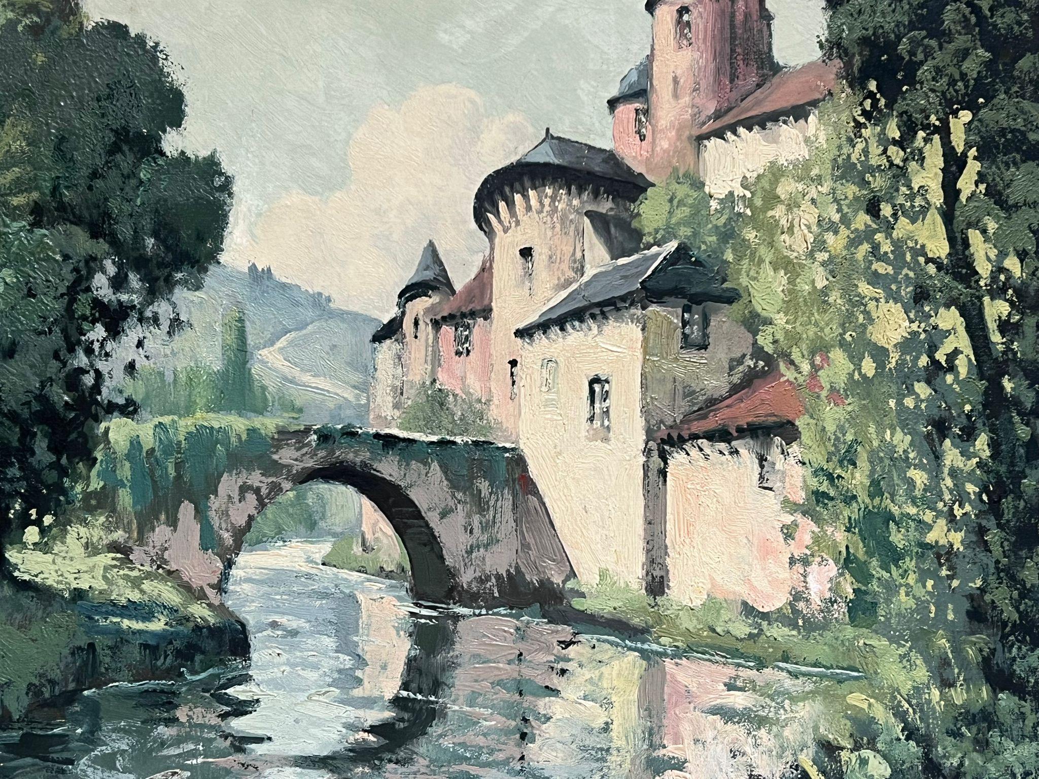 Old Chateau Castle next to Bridge Green Landscape Original French Oil Painting - Gray Landscape Painting by  Félix Raoul Eteve French, 1902-1967 