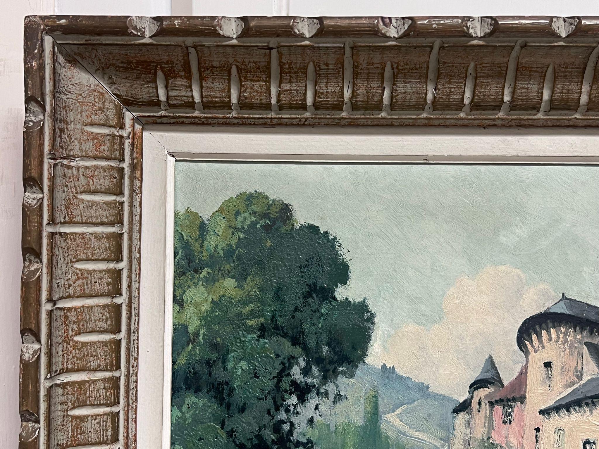 Old Chateau Castle next to Bridge Green Landscape Original French Oil Painting For Sale 1
