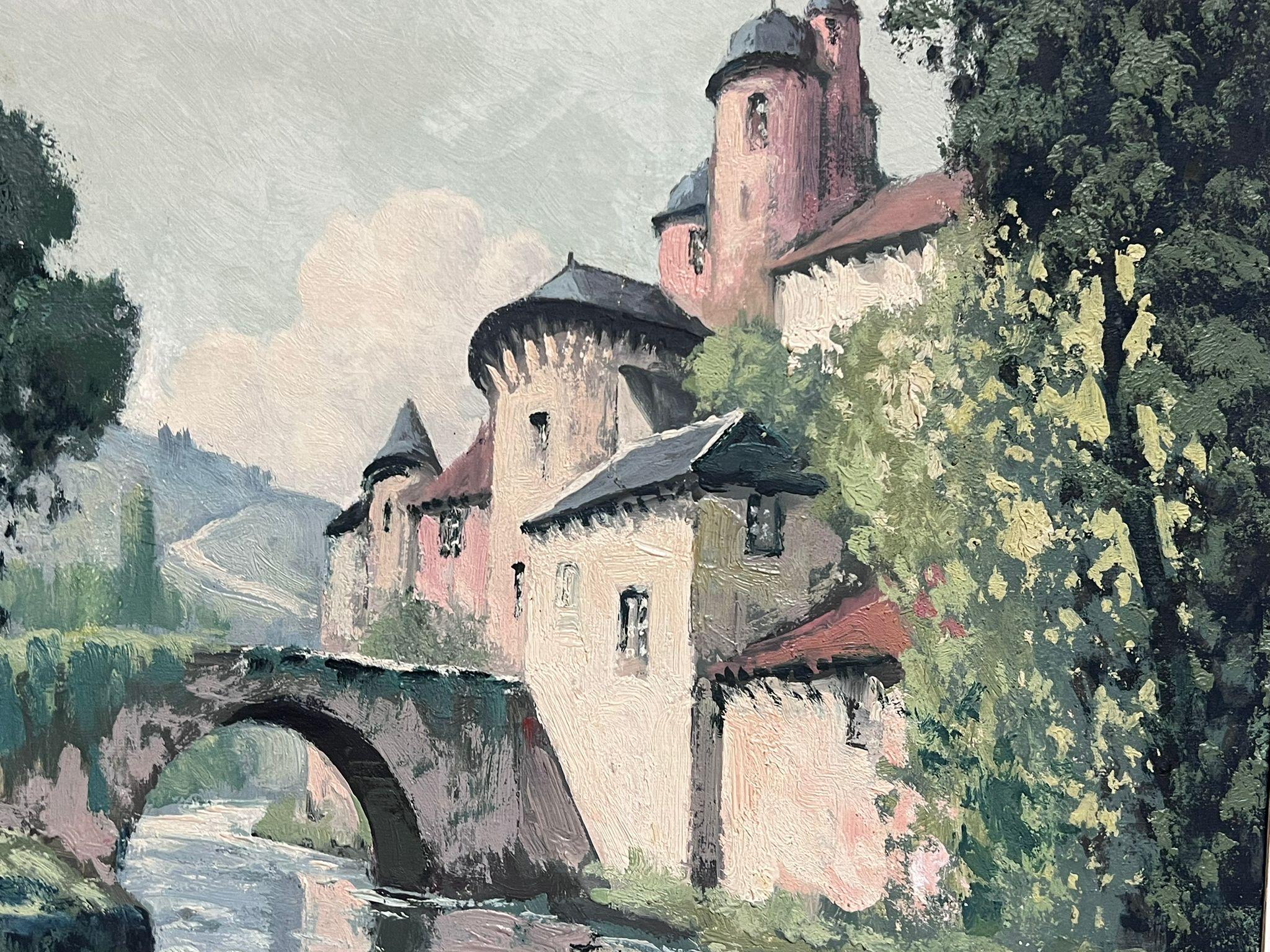 Old Chateau Castle next to Bridge Green Landscape Original French Oil Painting For Sale 2