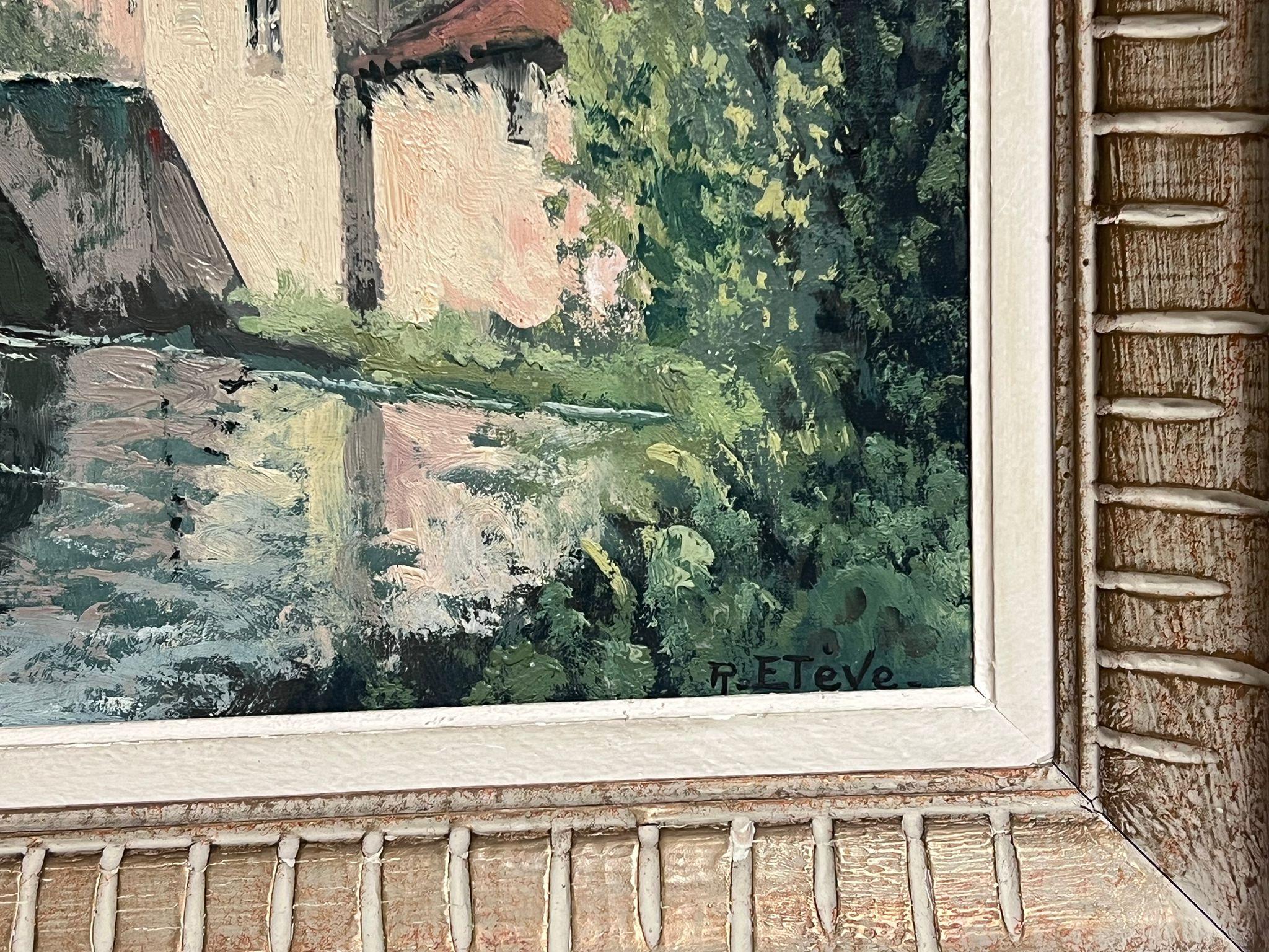 Old Chateau Castle next to Bridge Green Landscape Original French Oil Painting For Sale 4