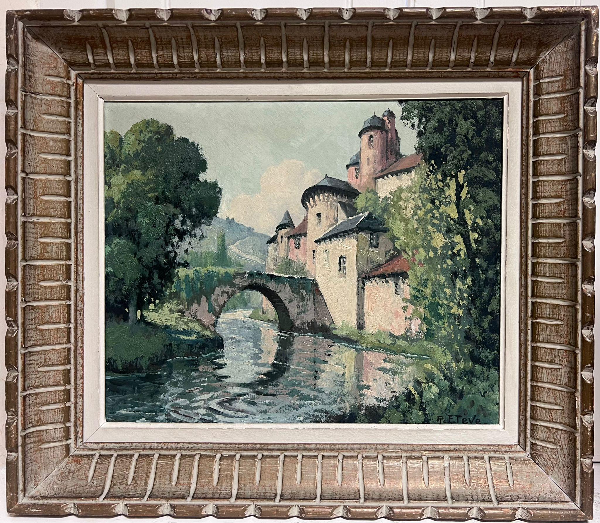  Félix Raoul Eteve French, 1902-1967  Landscape Painting - Old Chateau Castle next to Bridge Green Landscape Original French Oil Painting