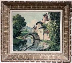 Old Chateau Castle next to Bridge Green Landscape Original French Oil Painting