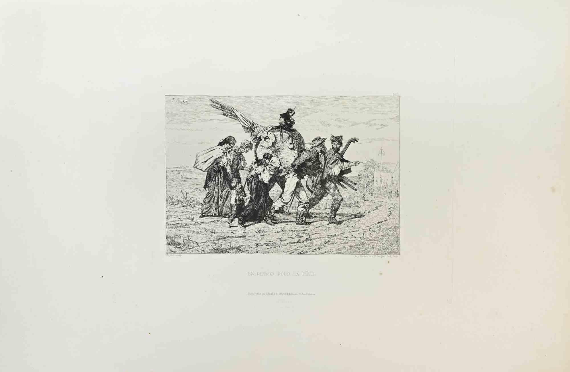 Radierung auf Büttenpapier
Signiert in der Platte oben links: F. Régamey
Veröffentlicht von Cadart & Luquet, Éditeurs, 79 Rue Richelieu, Paris
Mit dem Blindstempel der Société des Aquafortistes, unterer Rand
En retard pour la fête" ("Zu spät zum