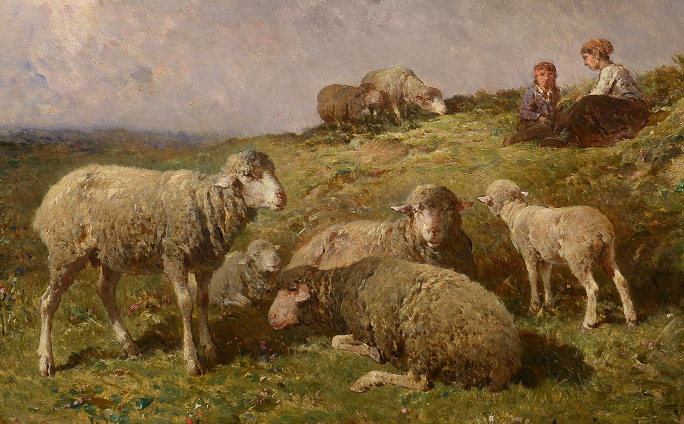 Pasture d'été de l'école de Barbizon, moutons, bergers, paysage - Painting de Félix Saturnin BRISSOT de WARVILLE