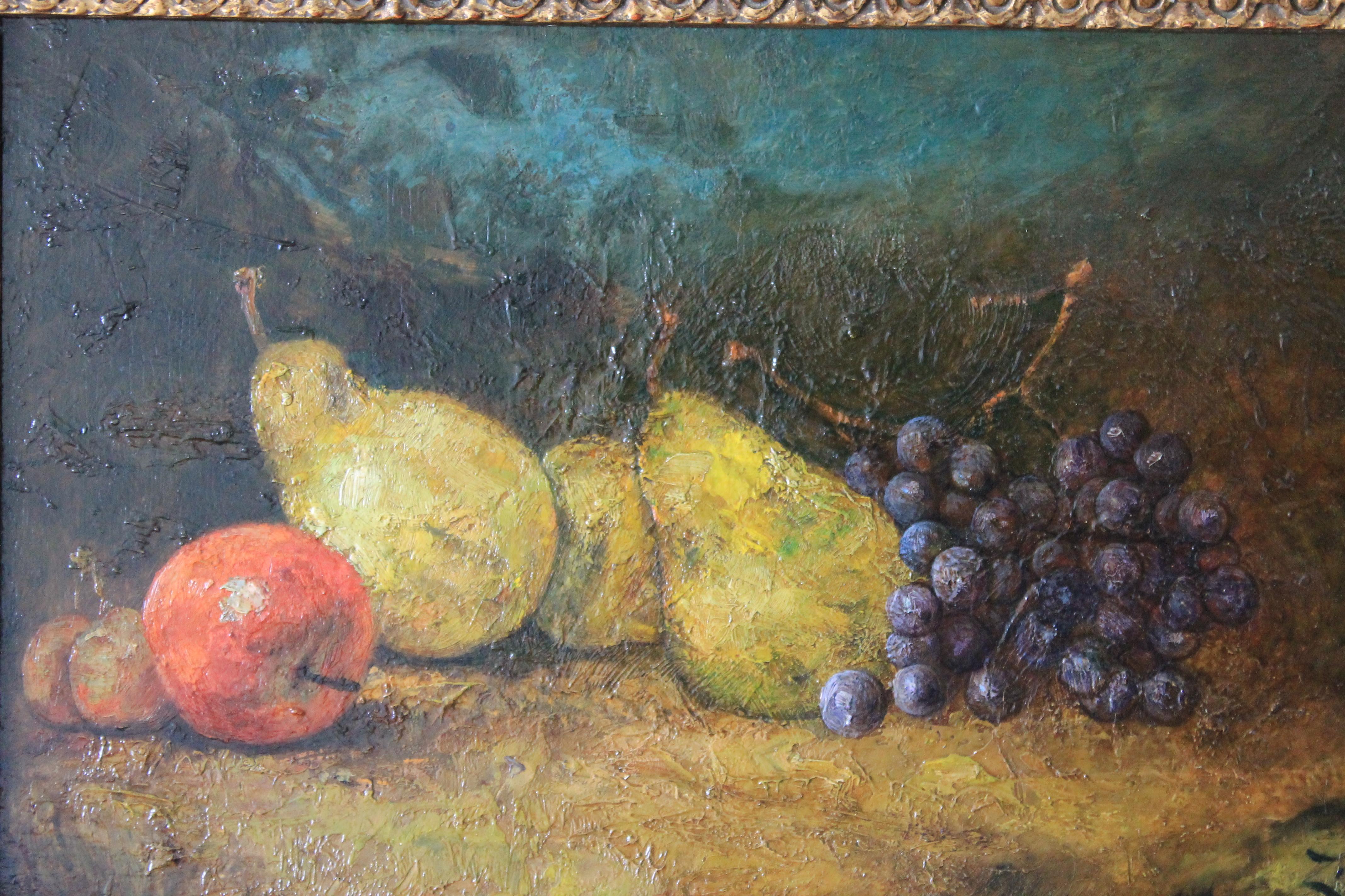 Antique Still Life oil painting of pears and grapes - Painting by Félix Ziem (follower of)