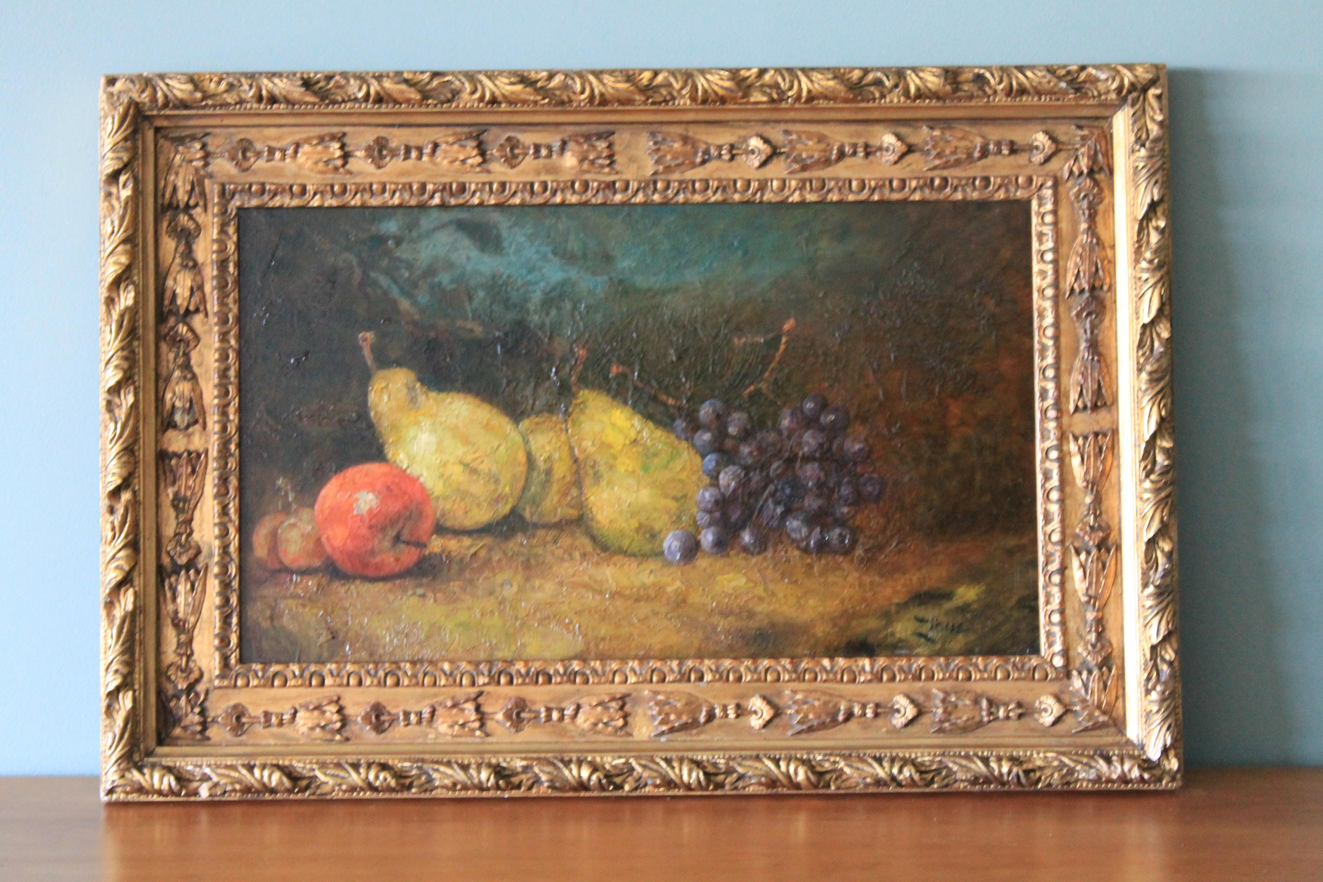 Antique Still Life oil painting of pears and grapes - Impressionist Painting by Félix Ziem (follower of)