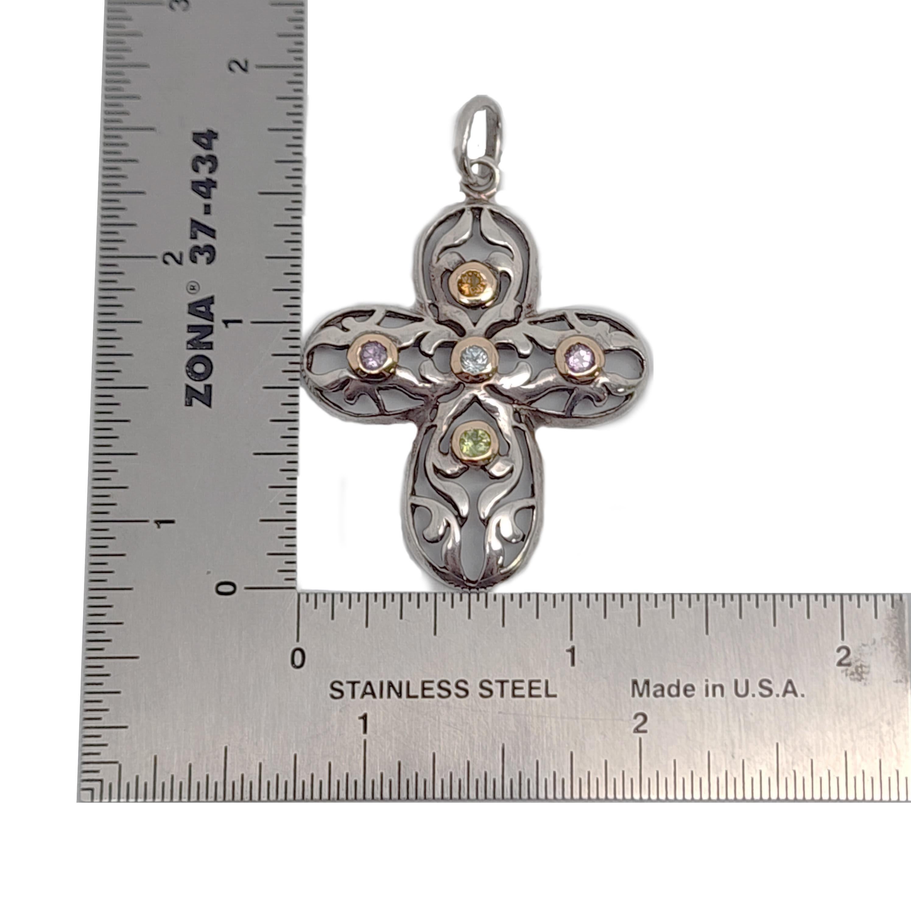 Flli Menegatti Sterling Silver 14K Multi Gemstone Open Work Cross #15128 In Good Condition In Washington Depot, CT