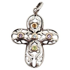 Flli Menegatti Sterling Silver 14K Multi Gemstone Open Work Cross #15128