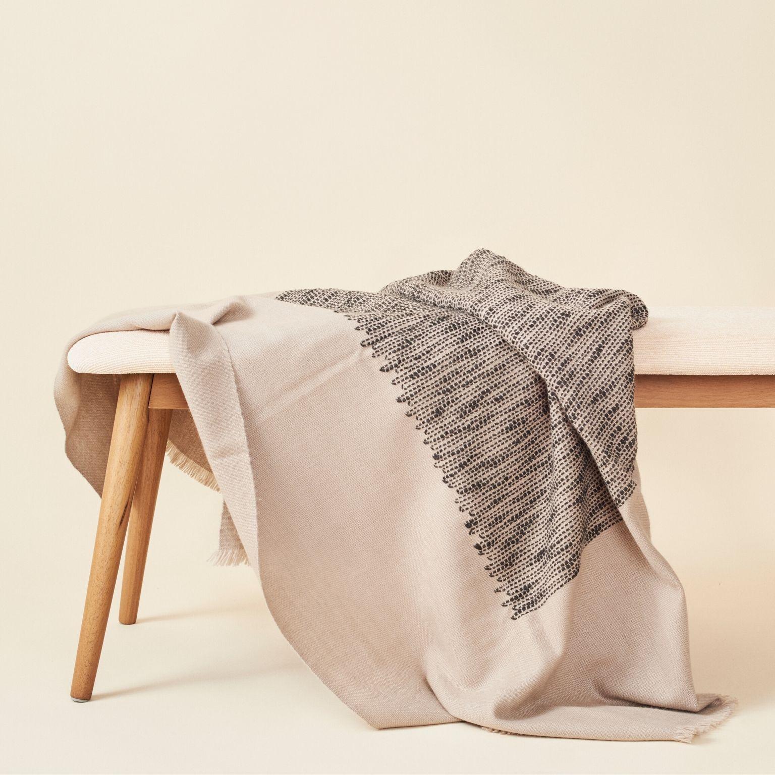 Yarn FLO Brown Throw Handwoven In Soft Merino & Minimal Pattern Hand Embroidered   For Sale