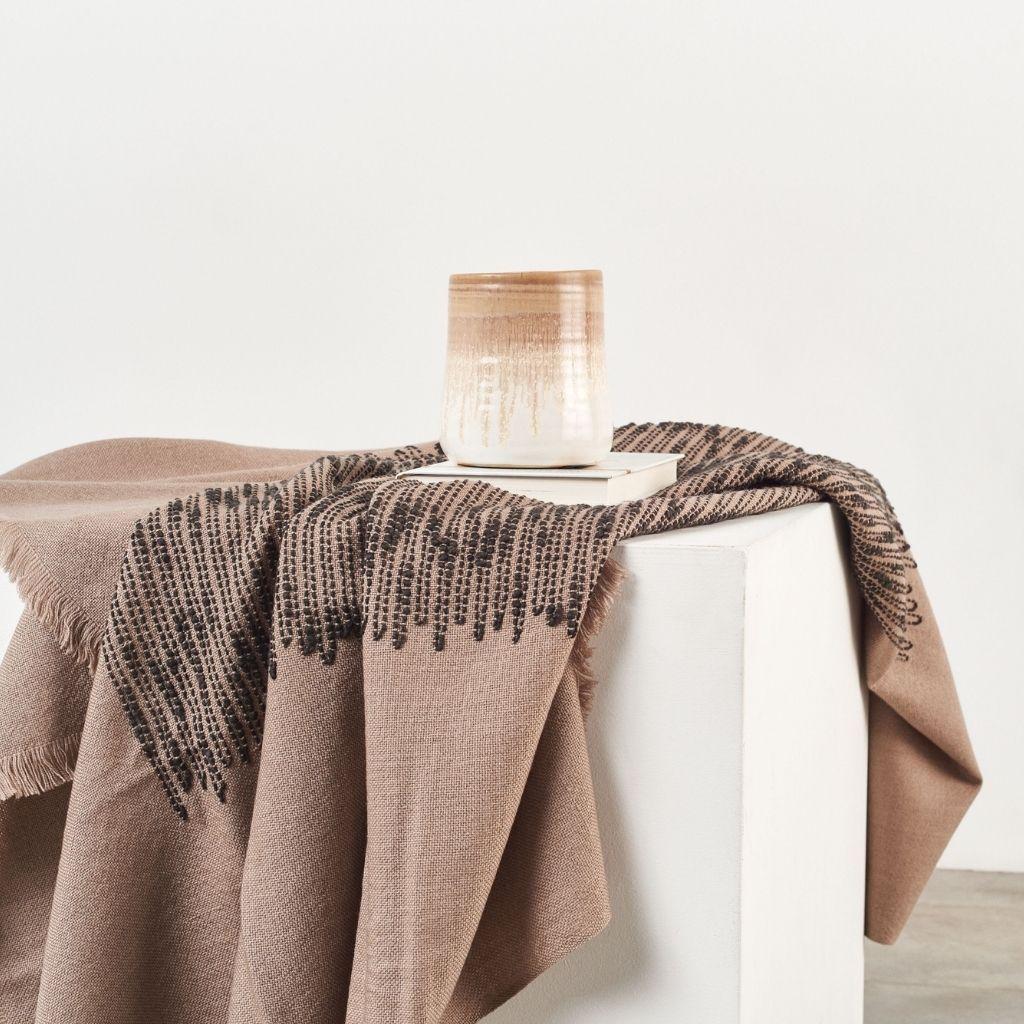 Nepalese FLO Brown Throw Handwoven In Soft Merino & Minimal Pattern Hand Embroidered   For Sale
