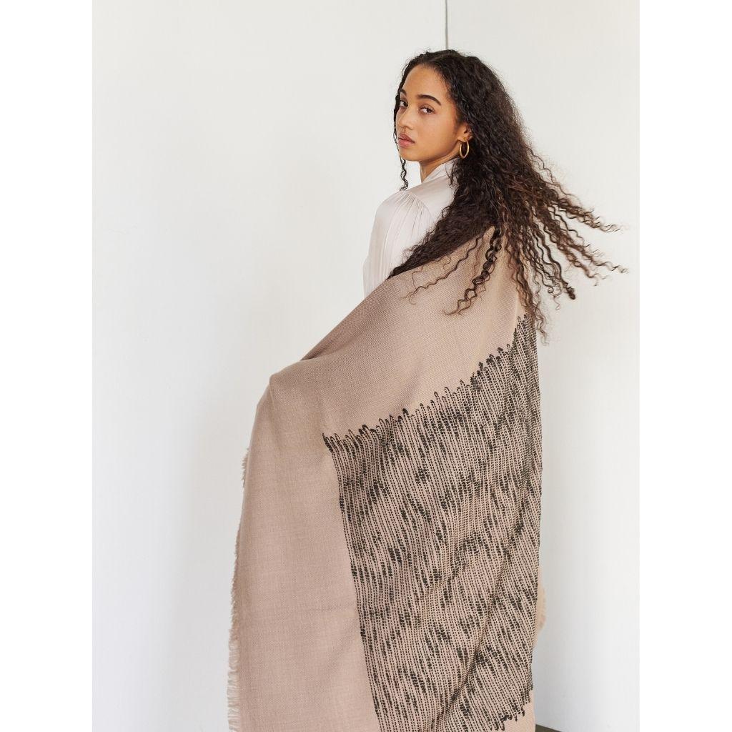 Modern FLO Brown Throw Handwoven In Soft Merino & Minimal Pattern Hand Embroidered   For Sale